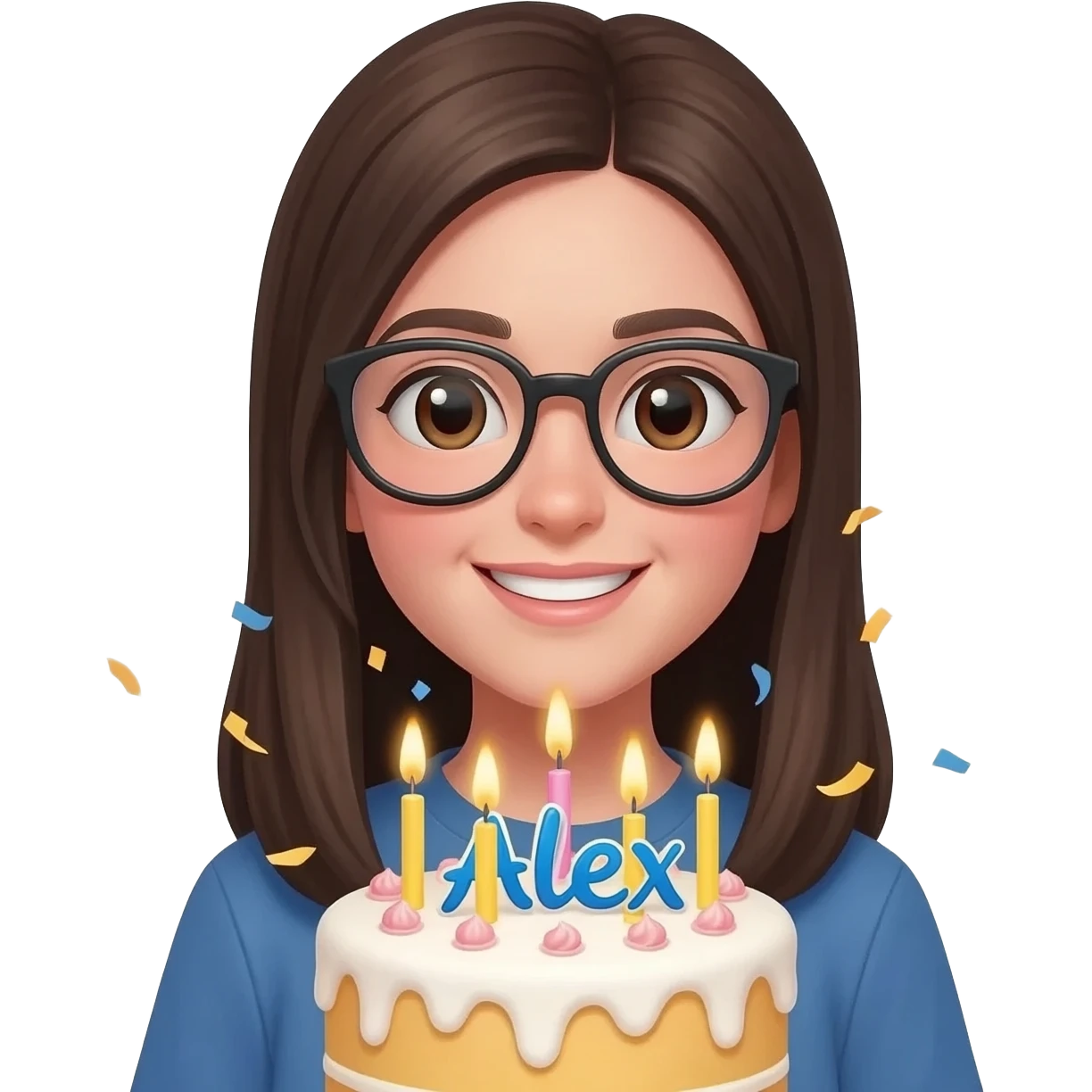 Gözlüklü düz saçlı doğum günü pastası üfleyen kız ve pastada alex yazsın emoji