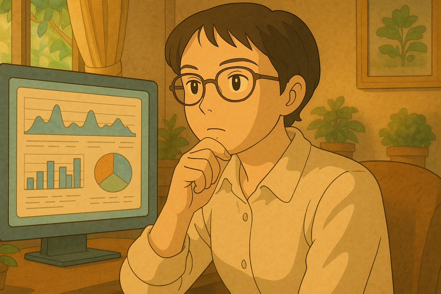 A woman wearing glasses and looking at data, in ghibli style. emoji