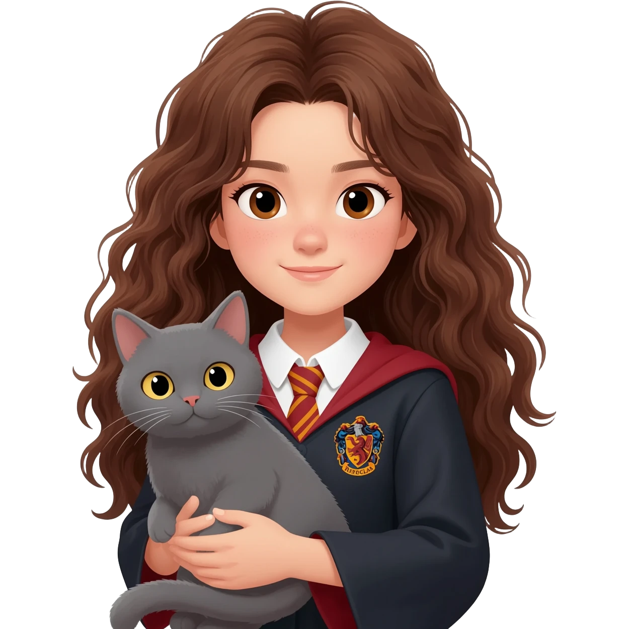 asian ravenclaw girl students with long brown messy wavy hair and brown eyes, holding a gray cat emoji