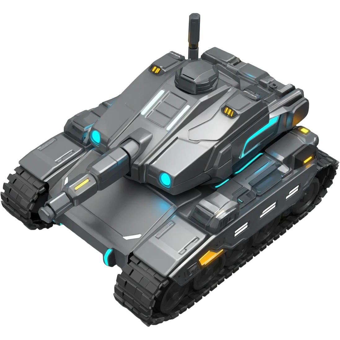 A top down view of a robot with tank tracks, in a cyber punk futuristic style far beyond what is currently available today, from the year 3000 emoji