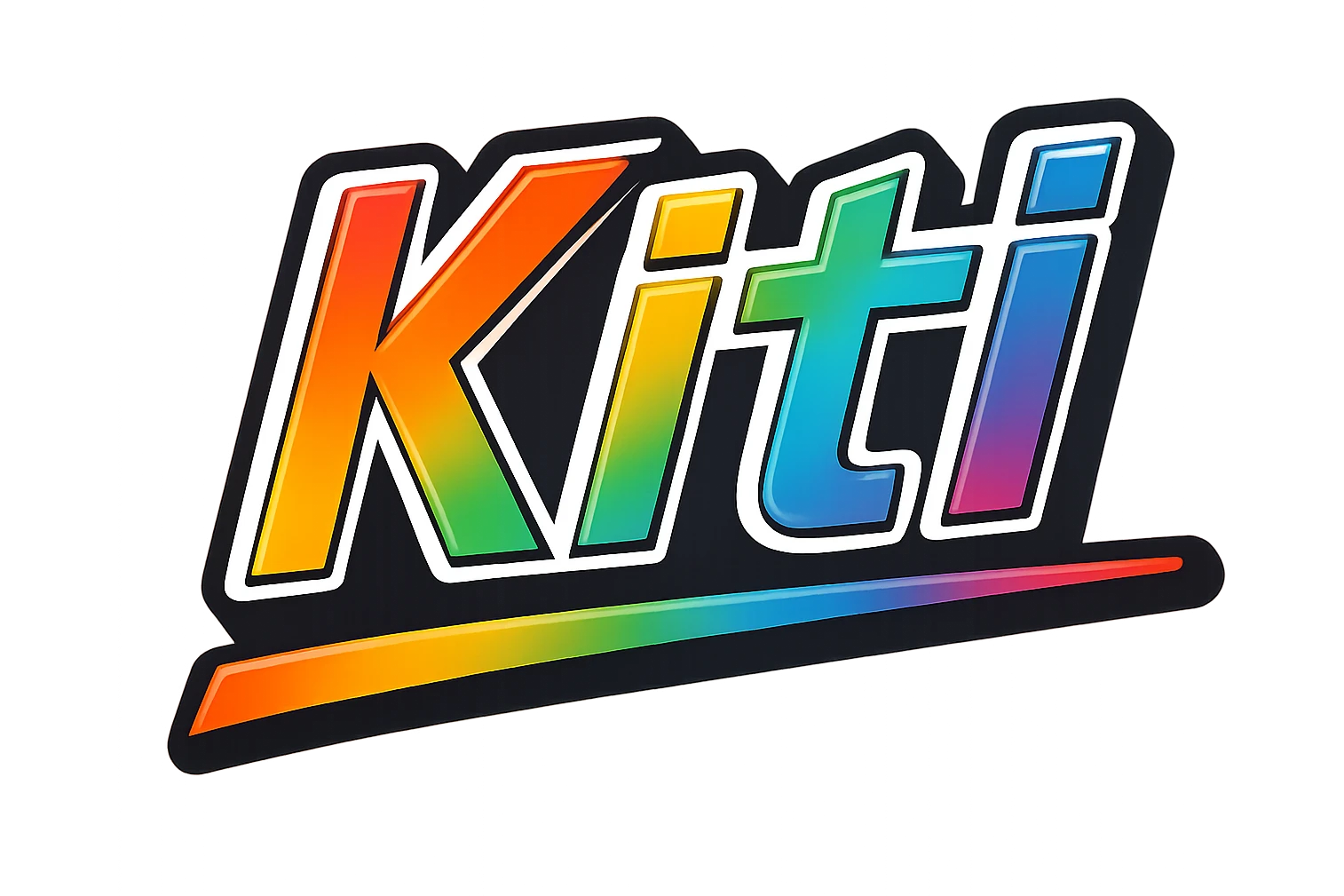 The name 'Kitti' in modern, precise Hungarian letters with a rainbow gradient fill, extra thick white letter outline, dark contour, transparent background, dynamic slanted underline, in the style of the reference samples. emoji
