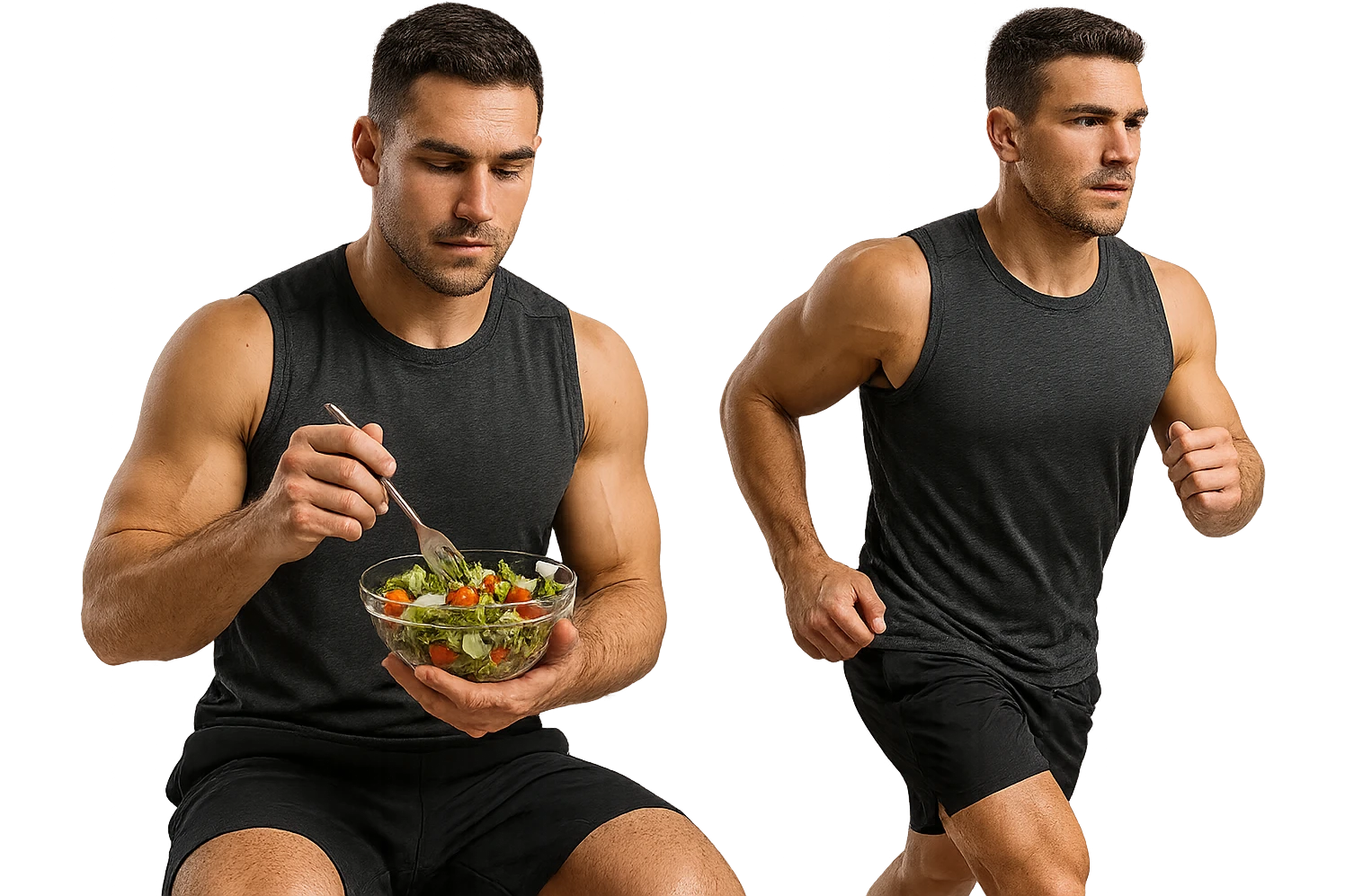 uomo fitness che mangia insalata accanto a uomo identico esteticamente che corre, iperrealistici 4k emoji
