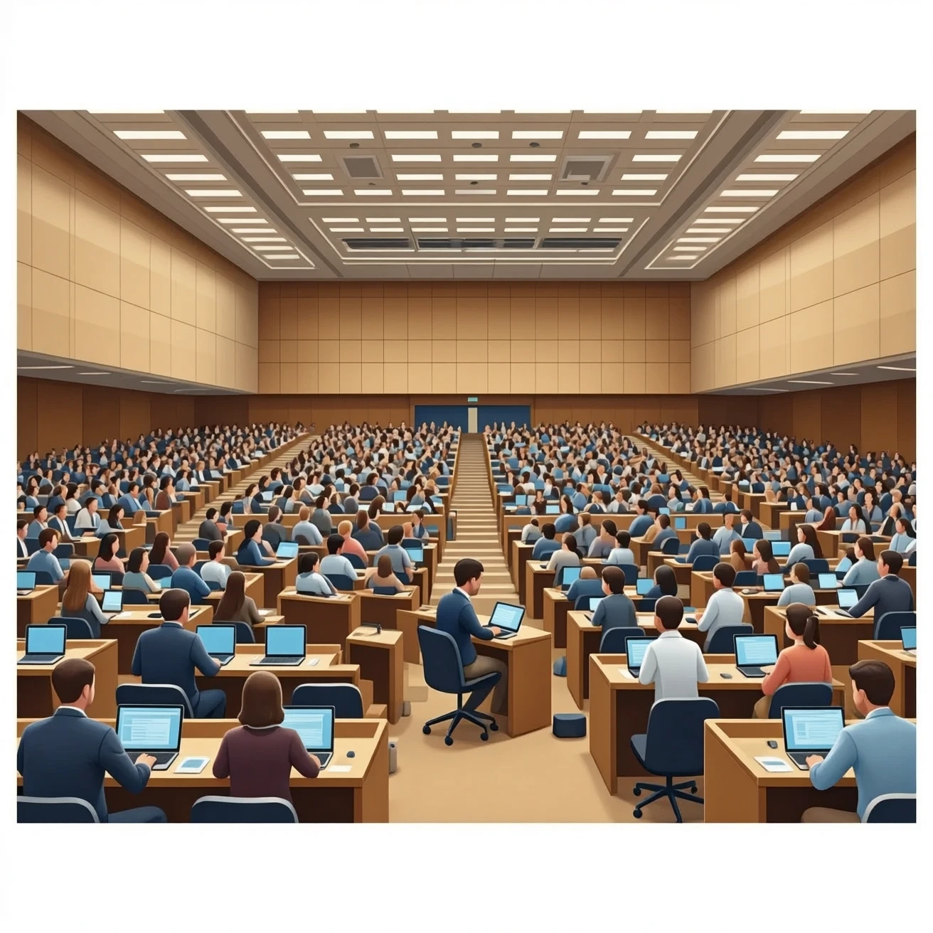 big conference  hundreds of people everyone  with laptops emoji