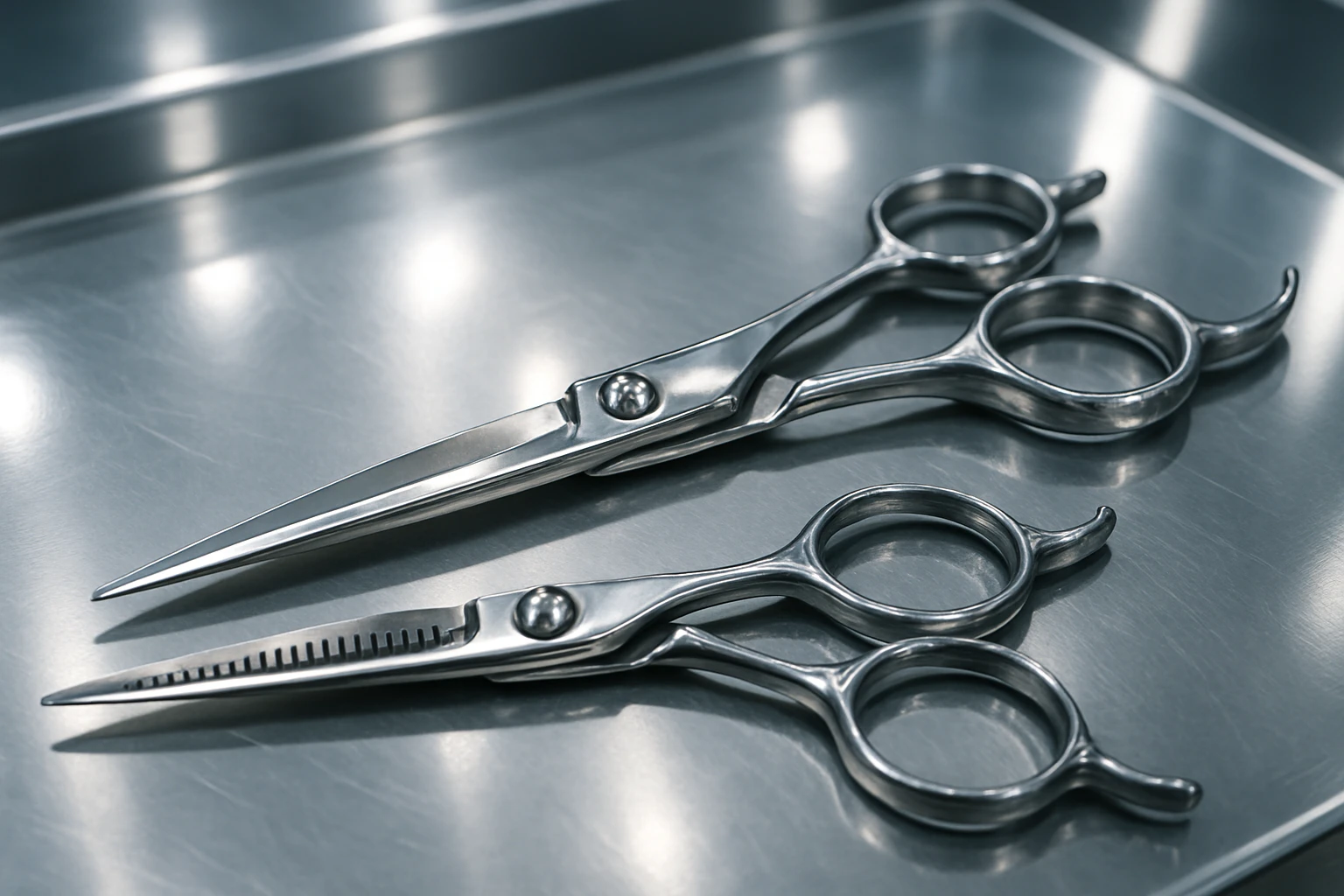 A set of professional barber scissors lies on a stainless steel workbench, gleaming under the bright lights. The blades are sharp and precise, with smooth handles showing signs of frequent use, ready for the next cut emoji