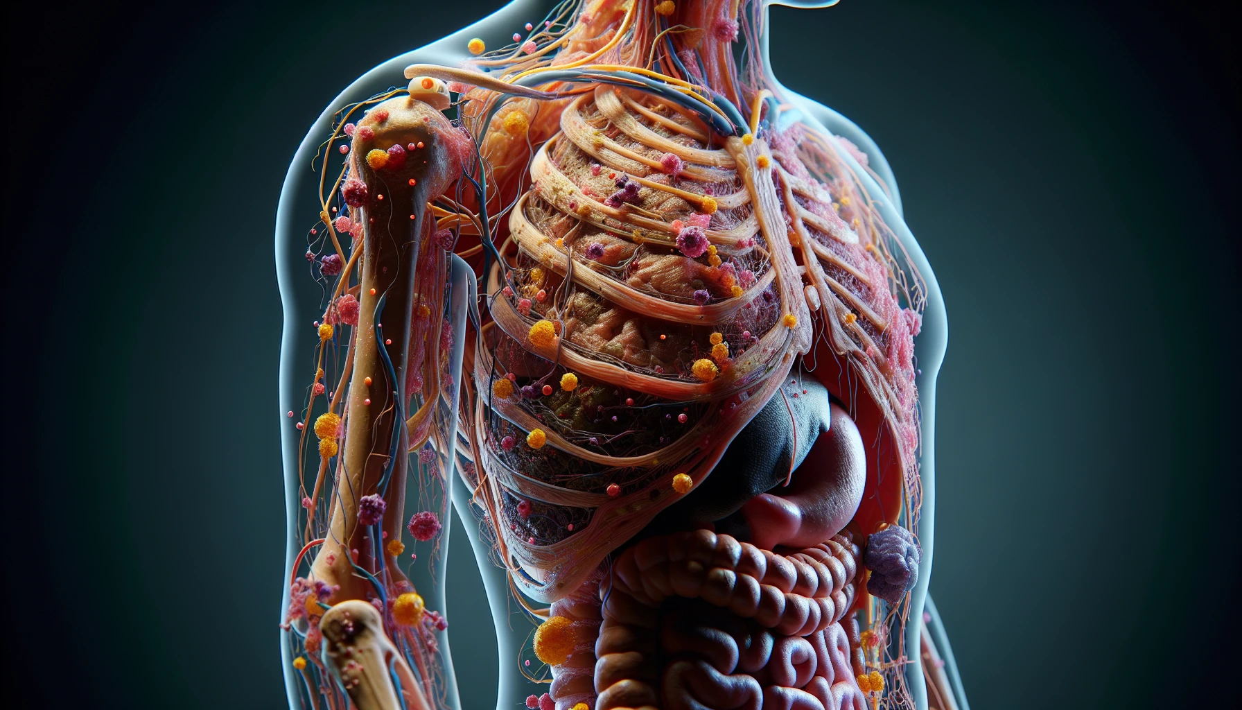 corpo umano anatomico che accumula tossine e malattie nel corpo , iperrealistico 4k emoji