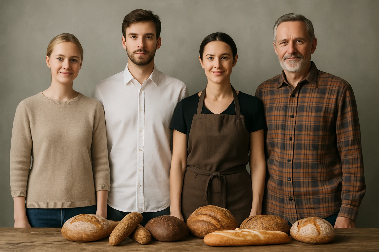 сгенерируй 1 в 1 как на картинке, но убери хлеб из руки человека в белой рубашке, убери руку вниз параллельно телу emoji