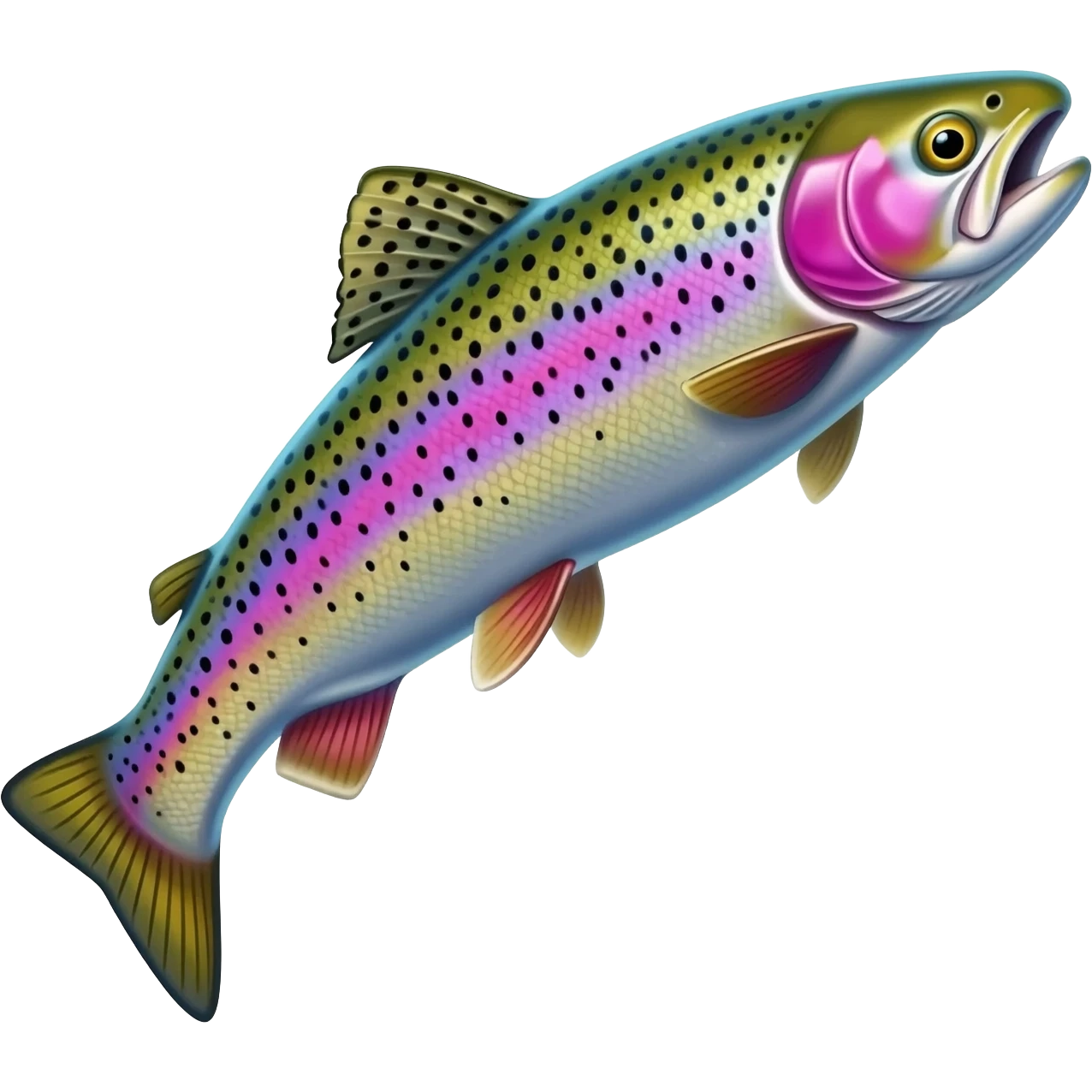 jumping realistic rainbow trout fish bright saturated purple blue green yellow white with scales and black speckles emoji
