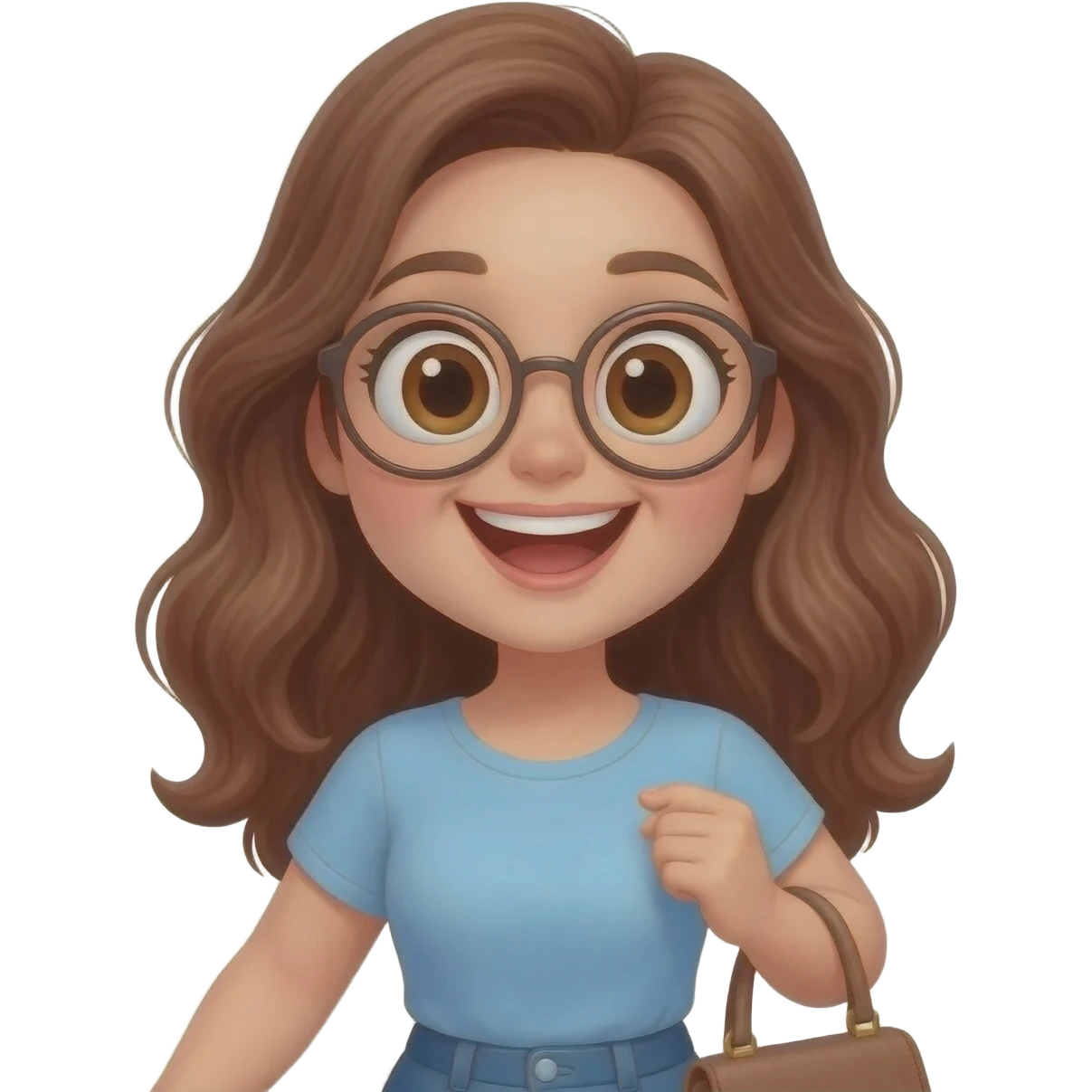detailed emoji illustration of a curvy woman with long chestnut brown wavy hair, big light brown eyes and round glasses walking to a bookstore, carrying a handbag, happy and excited expression, cute emoji style illustration emoji