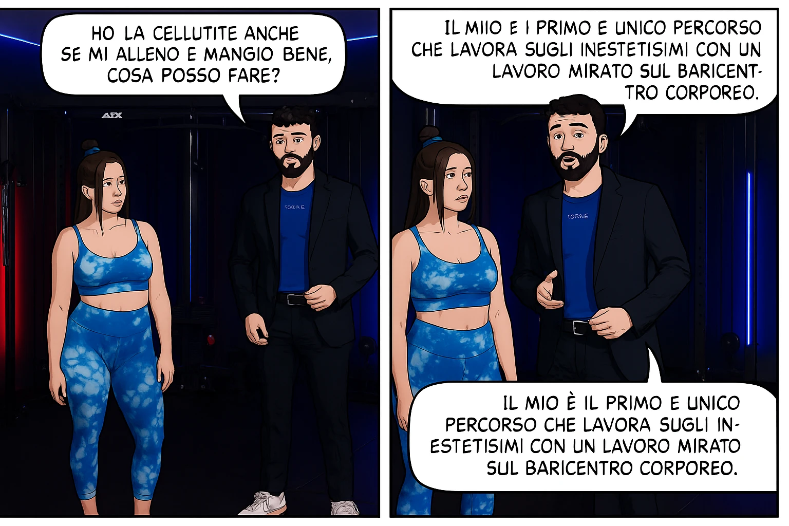TRASFORMA QUESTO CAROSELLO IN UN FUMETTO CON QUESTE DUE PERSONE IDENTICHE CHE INTERLOQUISCONO TRA LORO:

LEI: Ho la cellulite anche se mi alleno e mangio bene, cosa posso fare?

LUI: Hai controllato il tuo baricentro corporeo?
Sapevi che se il peso del tuo corpo cade in avanti o da un lato, c’è un disallineamento fra bacino e torace, che comprimendo le coste, limita la motilità del diaframma e l’ossigenazione dei tessuti?
Il mio è il primo e unico percorso che lavora sugli inestetismi con un lavoro mirato sul baricentro corporeo. emoji