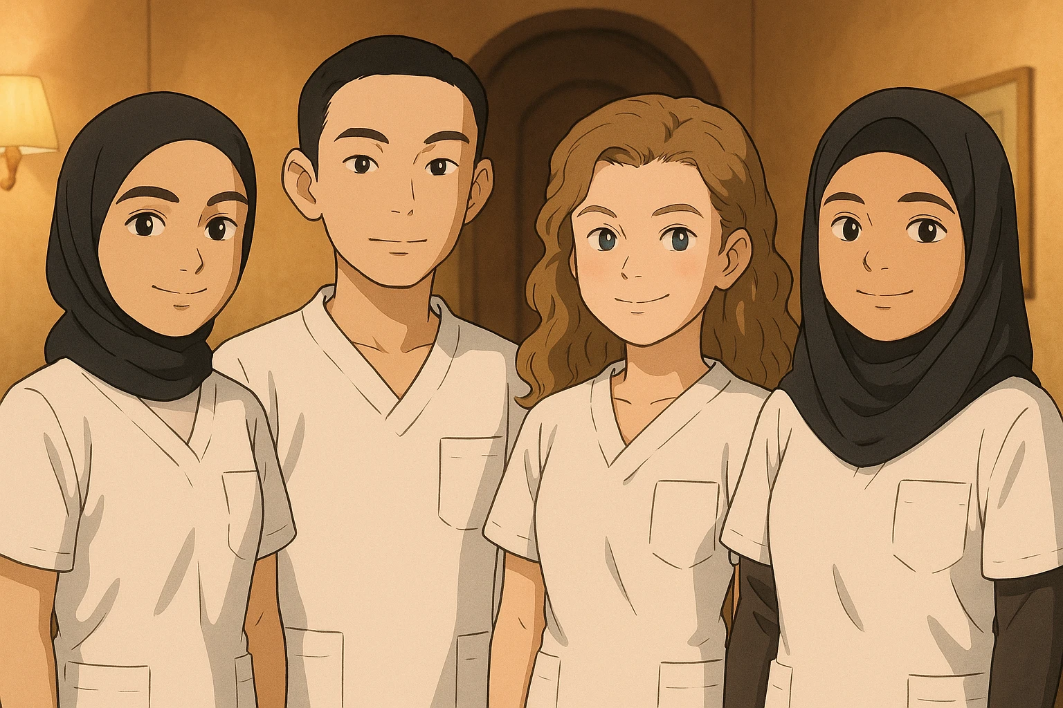 Four nursing students standing side by side in a warm indoor ambiance, styled in Ghibli. They wear white short-sleeved uniform tops resembling medical tunics with V-necks, no collar stand, no undershirts, and bare forearms. The tops have a left chest pocket and no stethoscopes. The scene conveys a warm, friendly atmosphere indoors. emoji