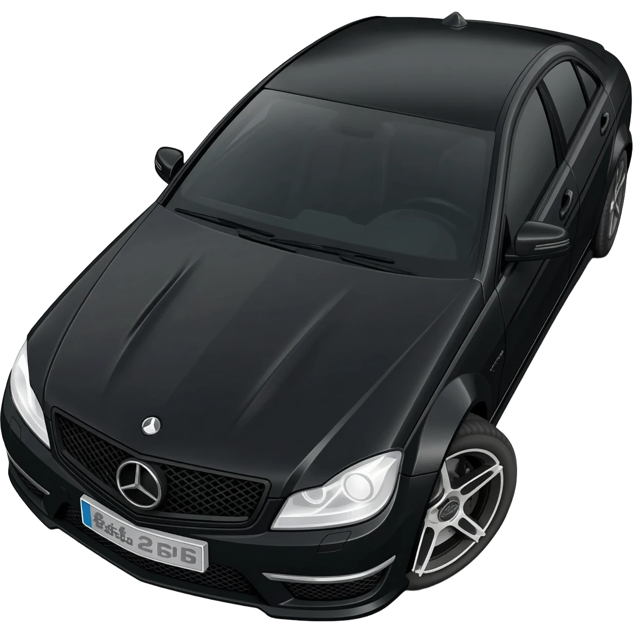 a picture of a black Mercedes C Class W204 Coupe with white calipers, black rims and tinted windows at an angle emoji