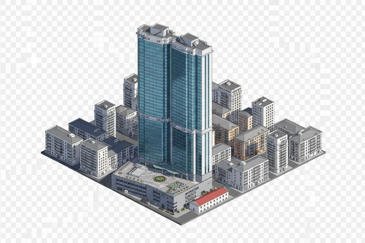 Изометричная, яркая, детализированная, объемная и фотореалистичная иллюстрация ЖК Аквамарин во Владивостоке. Чёткие контуры, не размазанные линии, высокое качество, прозрачный фон, не обрезать края картинки emoji