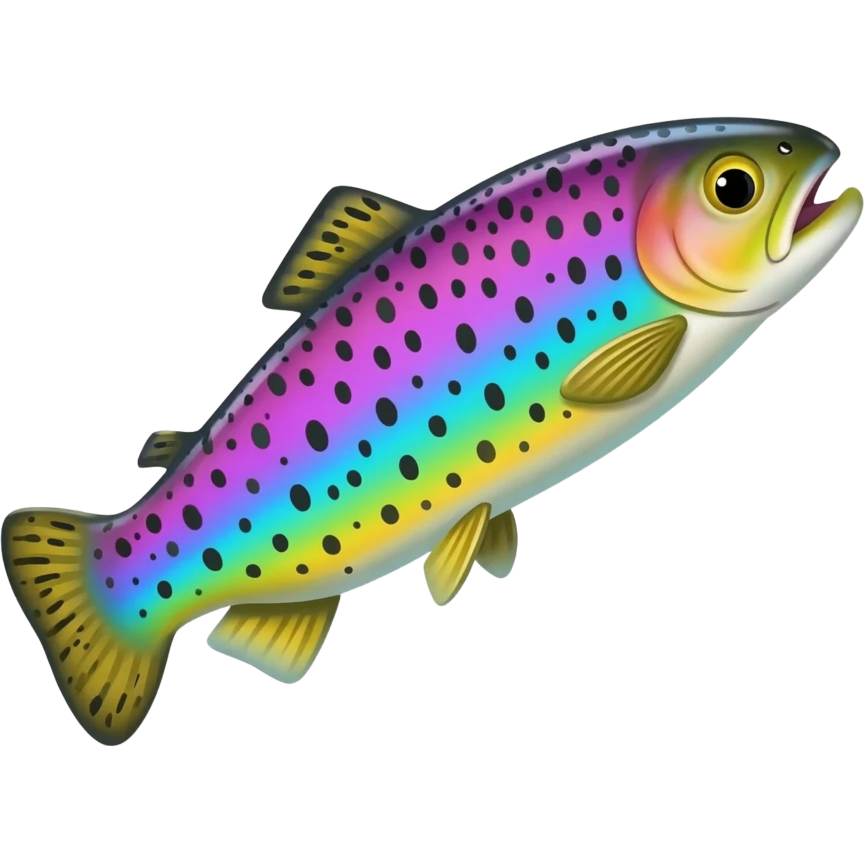 jumping realistic rainbow trout fish bright saturated purple blue green yellow white with scales and black speckles emoji