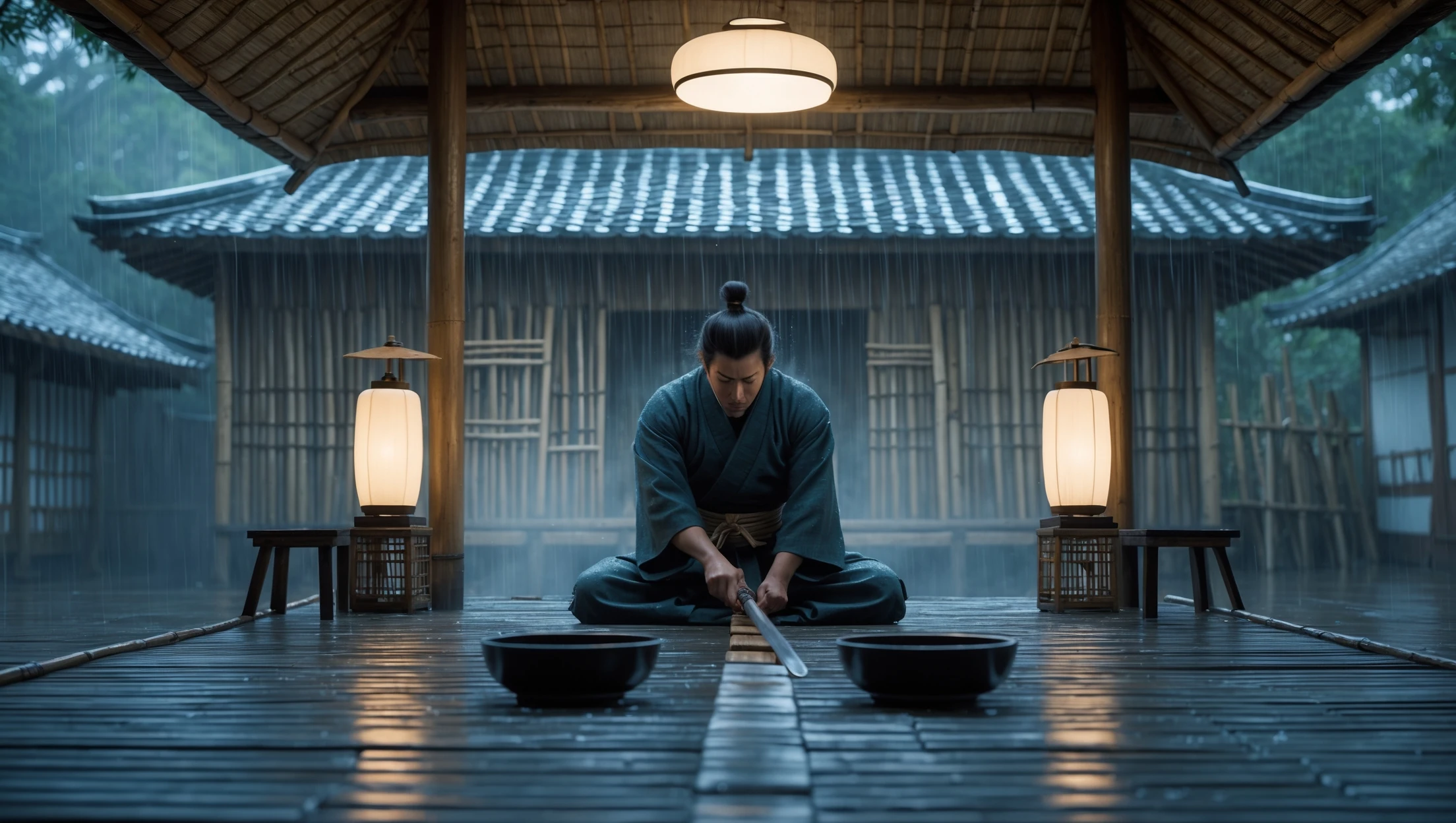 A cinematic scene from 1185, motion blur, wide shot of Taro polishing his katana in a bamboo hut, rain on roof, lamp-lit, symmetrical, gray-blue palette, tense, Arri Alexa, Wes Anderson. emoji