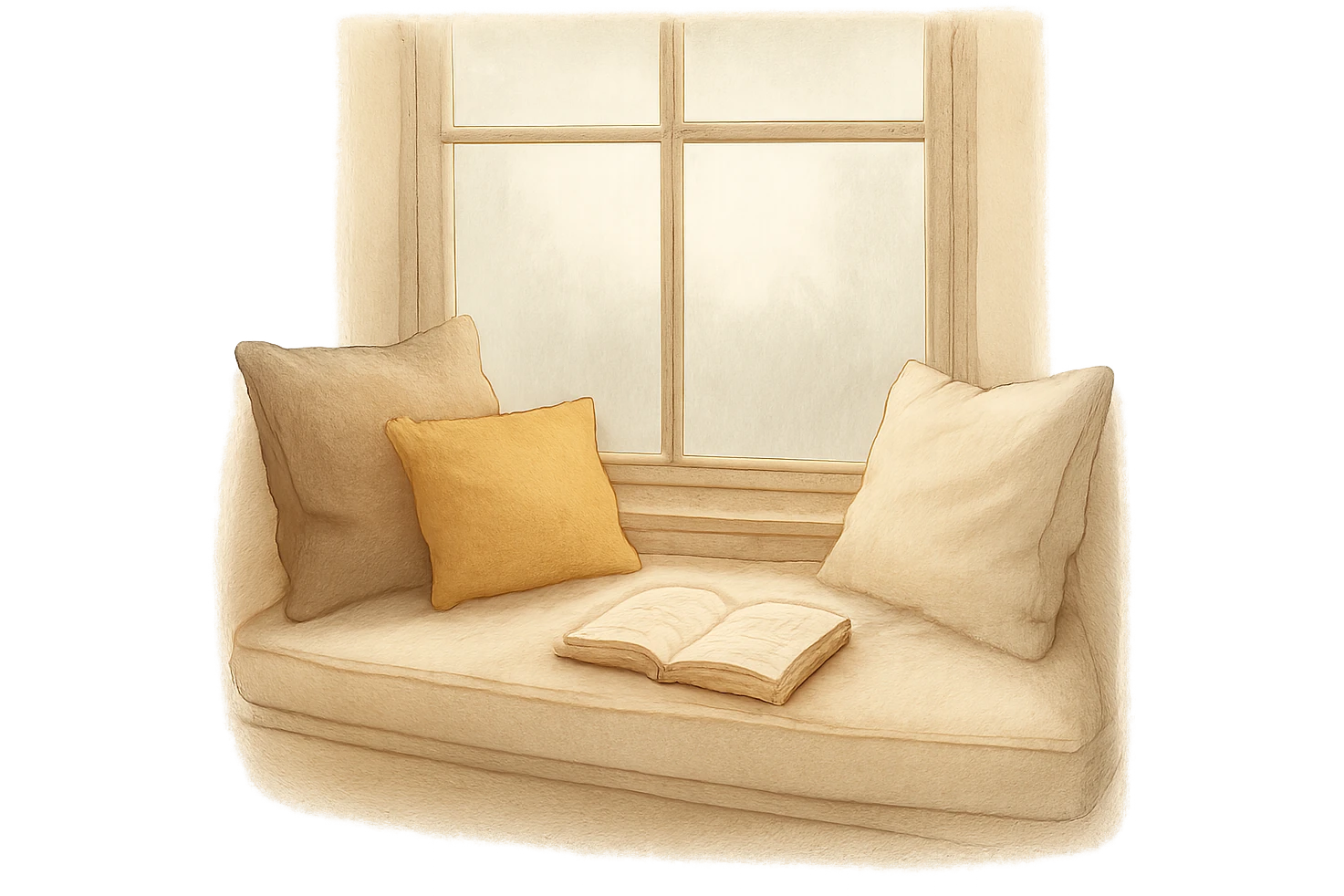 cozy window seat with cushions and a book, peaceful emoji