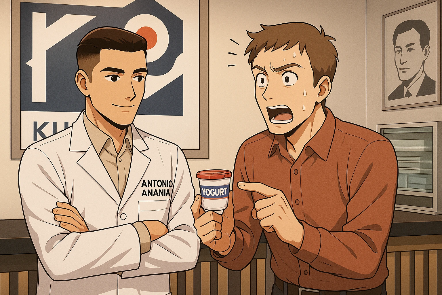 fai un webtoon manga a colori con questo stile, in cui un uomo chiede al kinesiologo con il camice bianco (fagli anche la scritta "ANTONIO ANANIA" SUL CAMICE, una domanda e il kinesiologo gli risponde, L'UOMO INDICA LO YOGURT CHE HA IN MANO ED è MOLTO ALLARMATO NEL FARE LA DOMANDA. non fare i fumetti però, fai solo in modo che sembri stiano parlando emoji