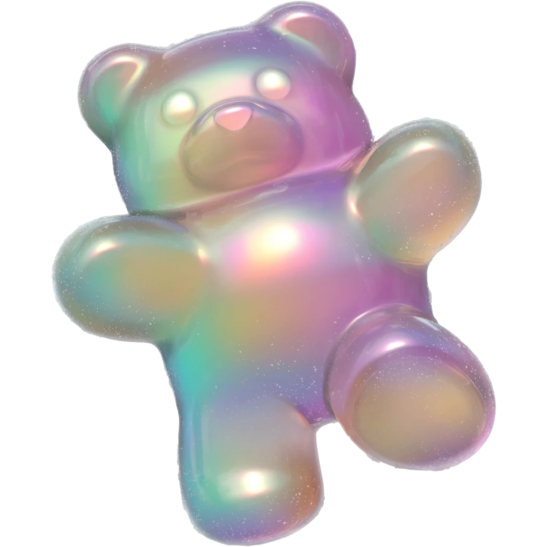 hyper-realistic 3D rendering of a translucent, glistening duochrome gummy bear mid-bounce, its plump body captured in dynamic motion as if frozen in time. The candy's surface refracts light like real gelatin, with sticky highlights gleaming along its curved edges and subtle sugar granules  emoji