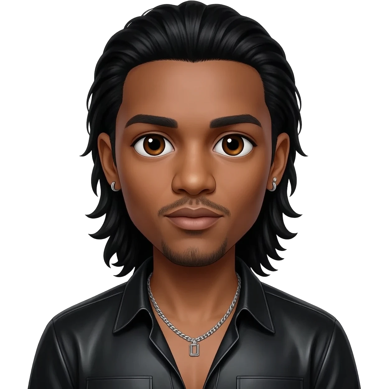 Omarion with dark brown eyes, long black hair, black metallic open shirt, silver necklace and short earrings emoji