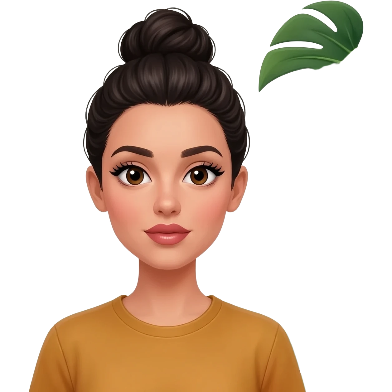 Plant mom black hair bun middle part with long lashes & full lips with monsteras & coffee tshirt emoji