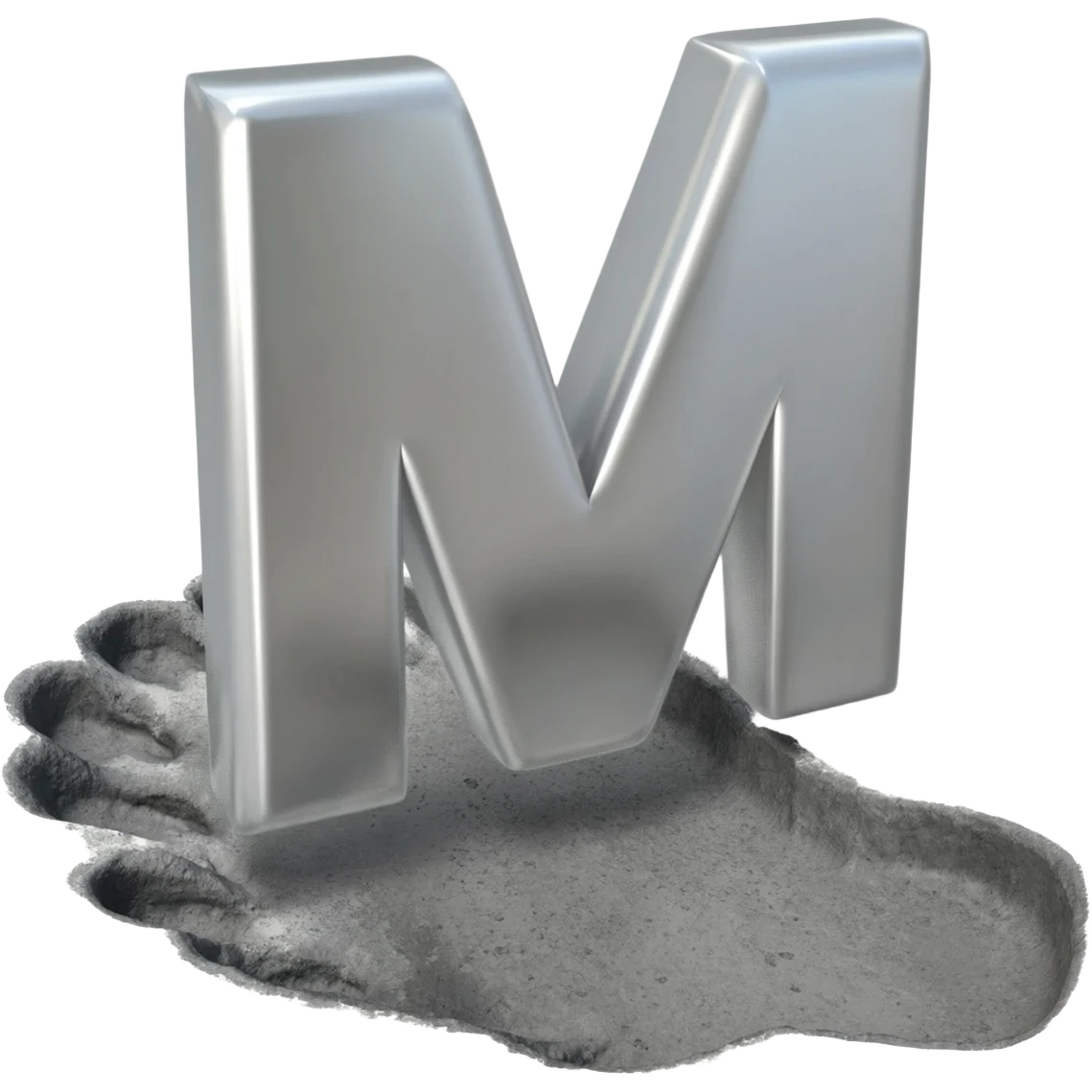 Minimalist 3D emoji based on image_e44ce5.png: massive polished chrome geometric 'M' raised metal relief, integrated central on deeply impressed bare heel in rough grey concrete. Harsh shadows, high contrast. Isolated on white emoji