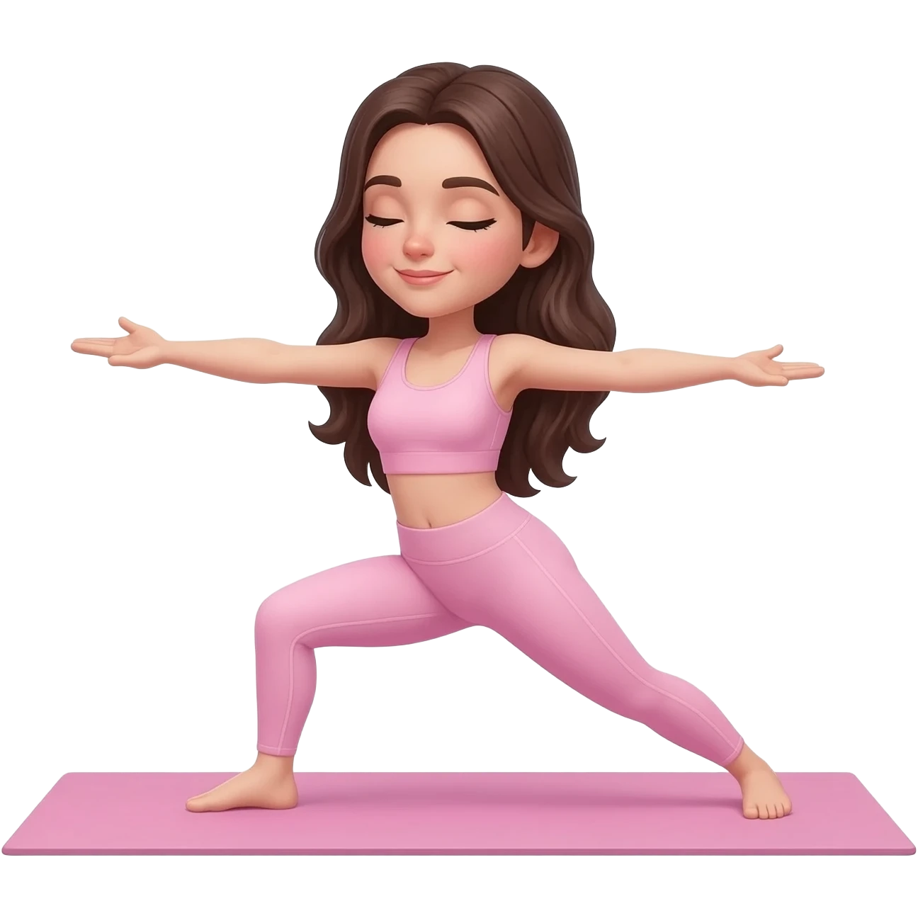 Chica haciendo yoga que sea bonita cabello castaño oscuro y ropa de yoga rosa claro emoji