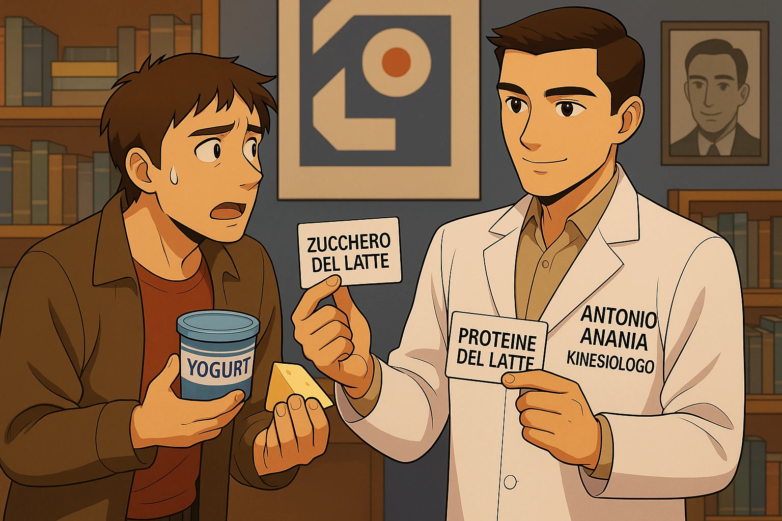 fai un webtoon manga a colori con questo stile, in cui un uomo fa una domanda al kinesiologo con il camice bianco (fagli anche la scritta "ANTONIO ANANIA" SUL CAMICE, l'uomo chiede una cosa mostrando un formaggio e uno yogurt al kinesiologo con il camice, IL KINESIOLOGO annuisce e SPIEGA ALL'UOMO UNA cos. L'UOMO ha un ESPRESSIONE CONFUSA IN VOLTO. non fare i fumetti però, fai solo in modo che sembri stiano parlando emoji