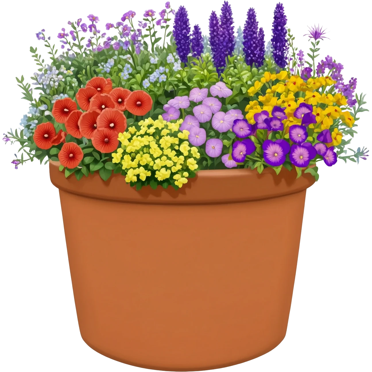 large outdoor flower pot filled with thriller, spiller & filler  annual flowers emoji