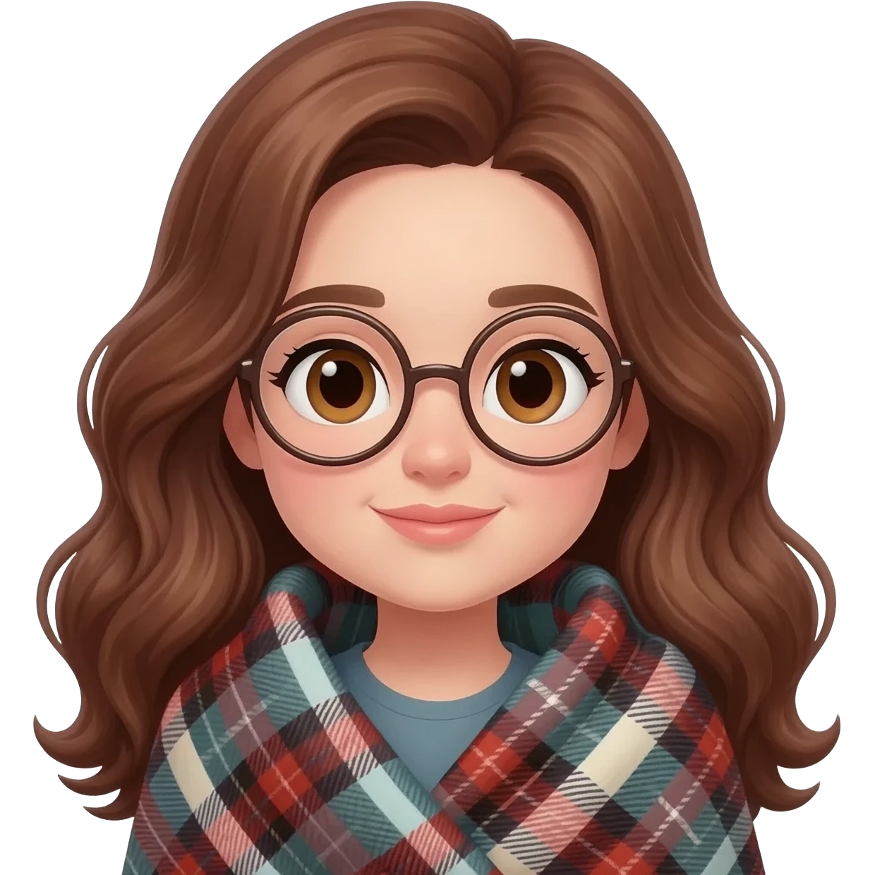 detailed emoji illustration of a curvy woman with long chestnut brown wavy hair, big light brown eyes and round glasses, wrapped in a cozy plaid blanket with Scottish tartan pattern, calm peaceful expression, cute emoji style emoji