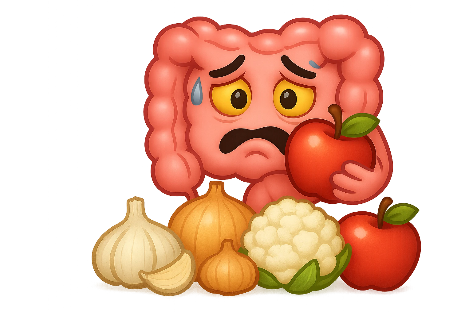 EMOJI STILE IPHONE DI UN INTESTINO UMANO IN CRISI PERCHé STA MALE, IN BOCCA HA UNA MELA E DAVANTI A LUI C'è UNA MONTAGNA DI aglio, cipolle, cavolfiore e mele emoji