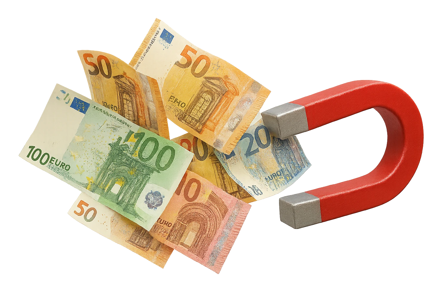 banconote di euro fluttuano vicino ad una calamita rossa, sono attratte, iperrealistico 4k emoji