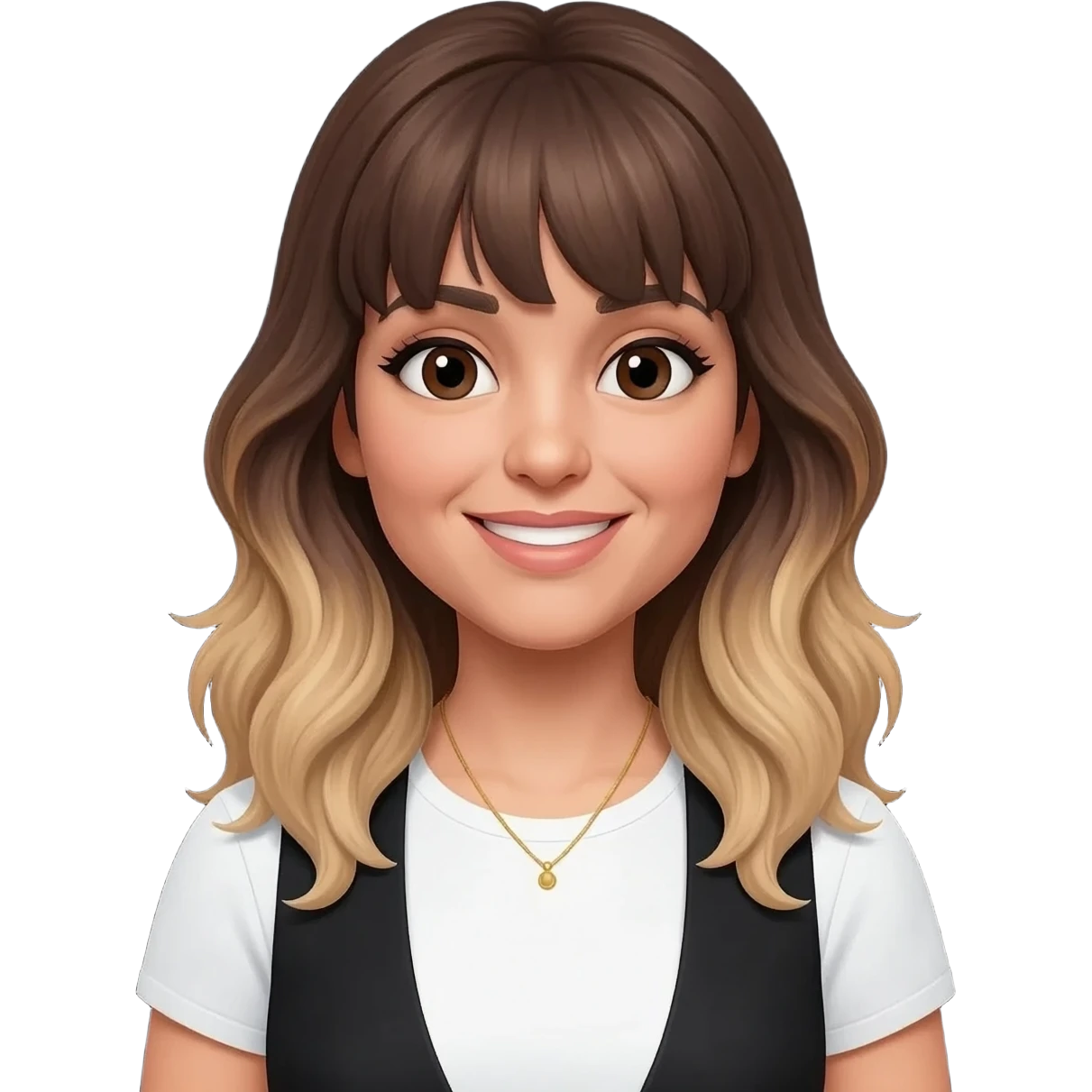 An adult girl with an oval-shaped face and feminine features, long dark brown wavy hair fading to blonde at the ends with light bangs. Thick dark eyebrows, large expressive eyes, and a warm smile. She is wearing a white T-shirt with a black vest and a delicate golden necklace.black background emoji