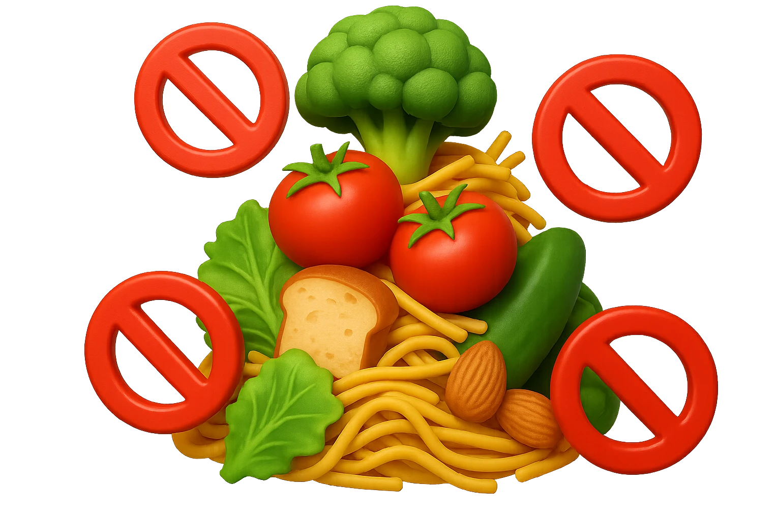 EMOJI STILE IPHONE DI UNa montagna di cibo sano tipo broccoli, pomodori, pasta ecc con divieti 3d sparsi, IPERREALISTICO 4K emoji