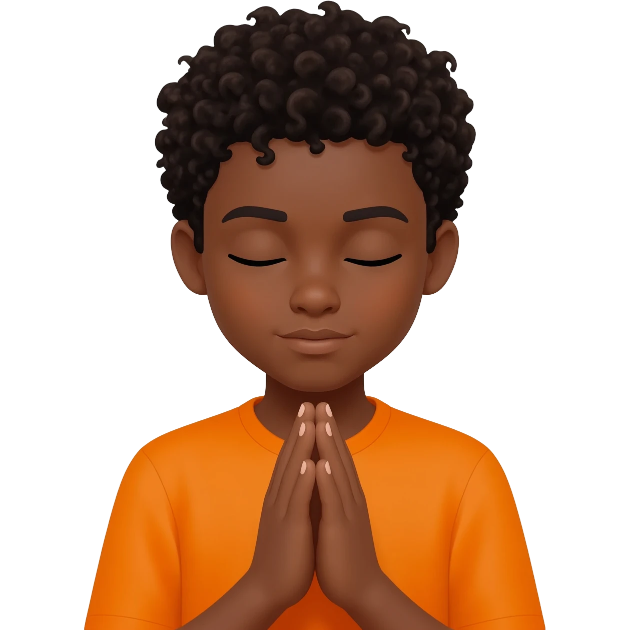 black boy curly hair orange shirt praying hands eyes closed emoji