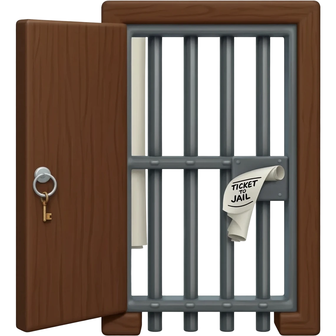 emoji of a miniature prison cell door. featuring wood and dark grey iron bars. The door is slightly ajar, revealing a rolled-up paper sticking out. Clearly legible text on the paper reads 'TICKET TO JAIL' , slightly messy letters. A small, rusty metal key hangs from a ring near the lock. emoji