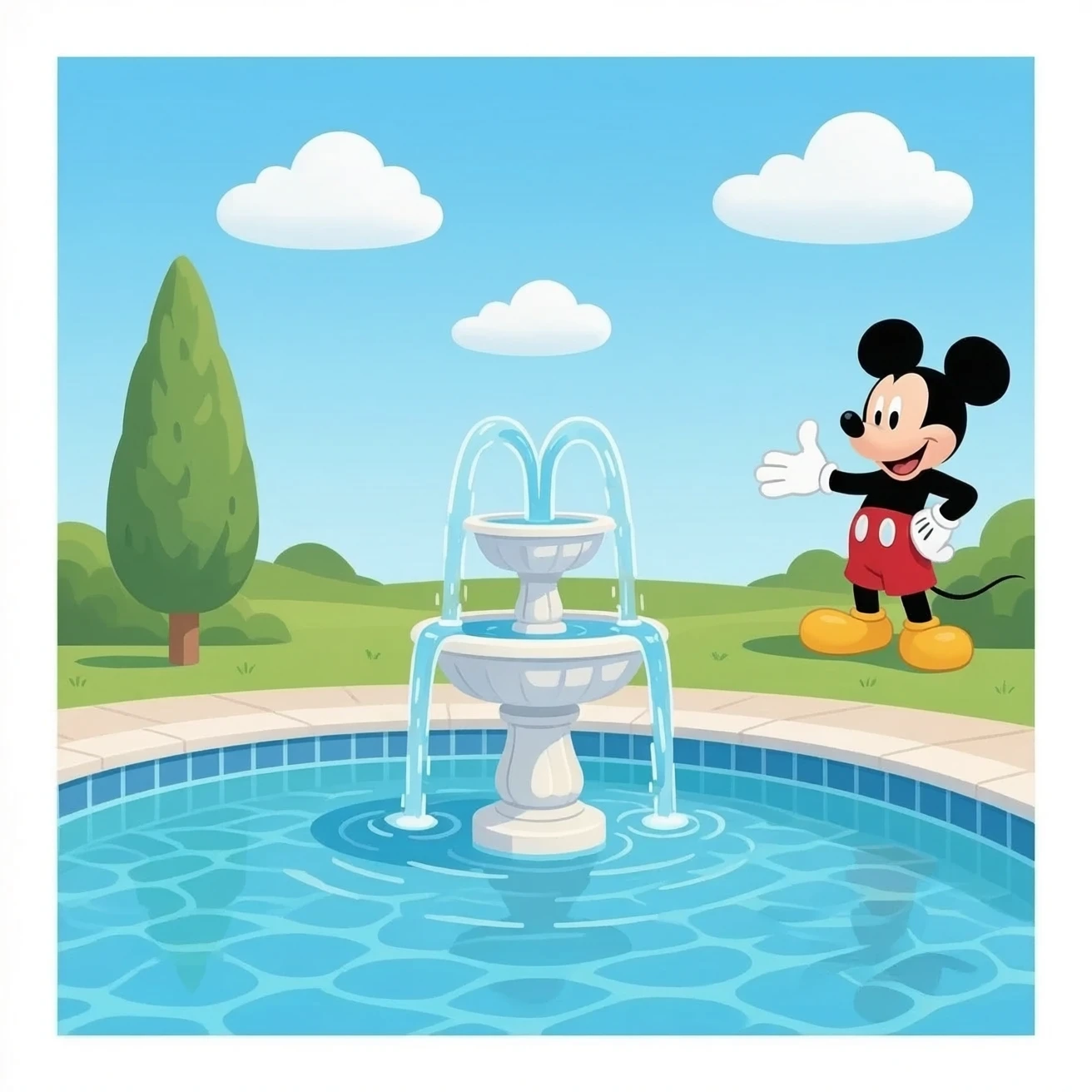 Micky mouse fountain next to swimming pool emoji