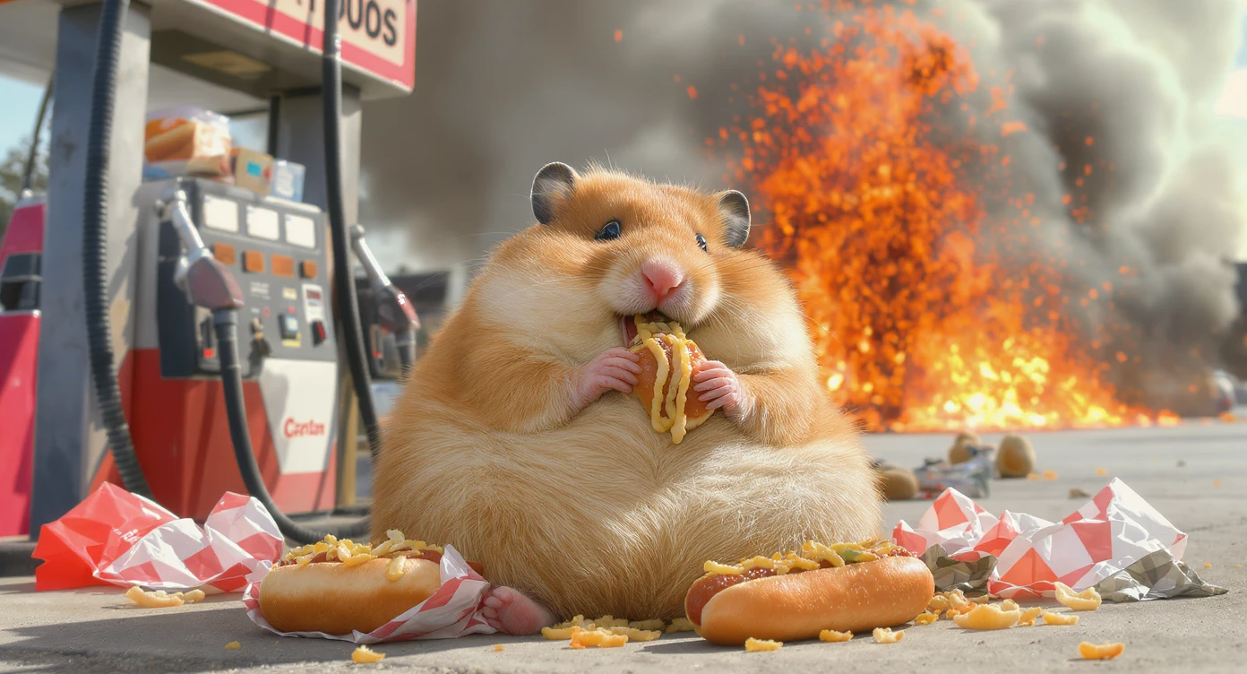 A portrait of a fat hamster eating hotdog on gas station, gas station is in fire, other hamster fun away, sunny day, back light explosion  emoji