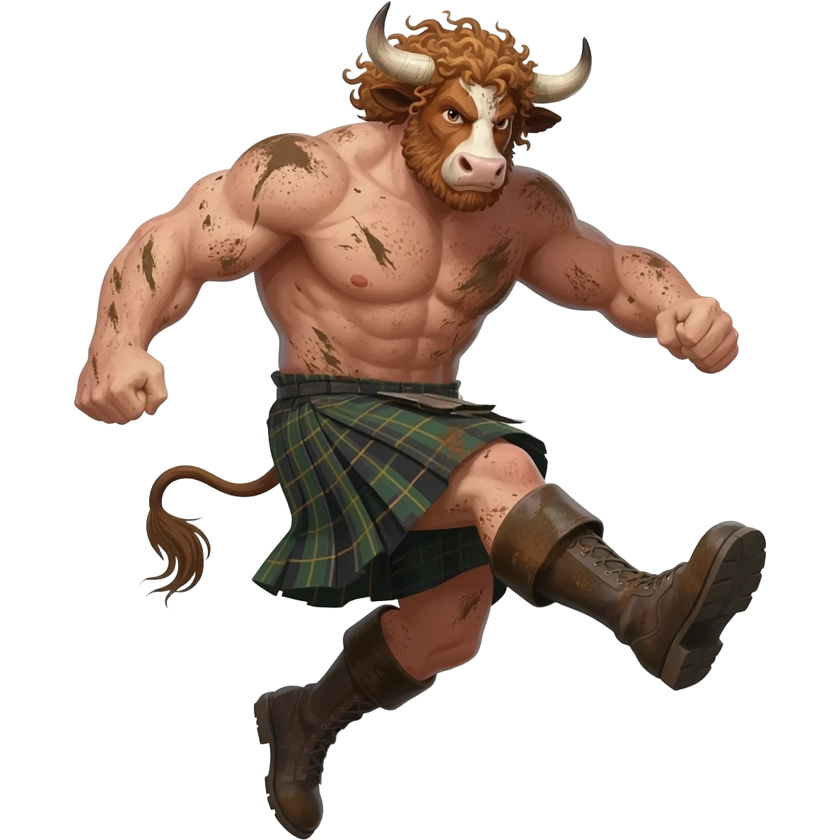 big buff curly hairy man covered in dirt with freckles with messy light brown bangs that covers his face completely with bull horns and bull ears and bull tail dressed in kilt jumped up kicking with his strong leg in boots with wind in his hair front view emoji