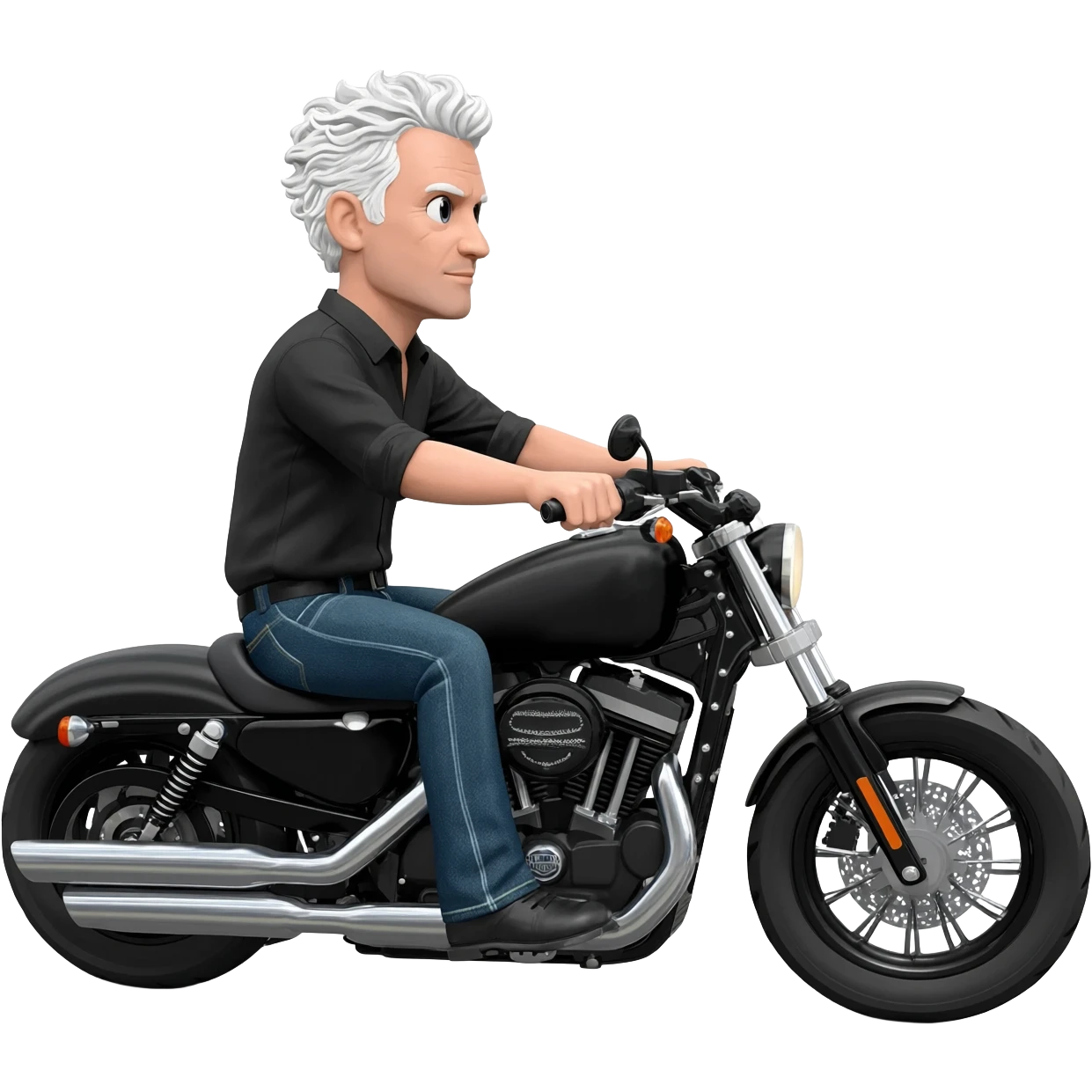 White man with short wavy white hair riding Harley Davidson in jeans and black shirt emoji