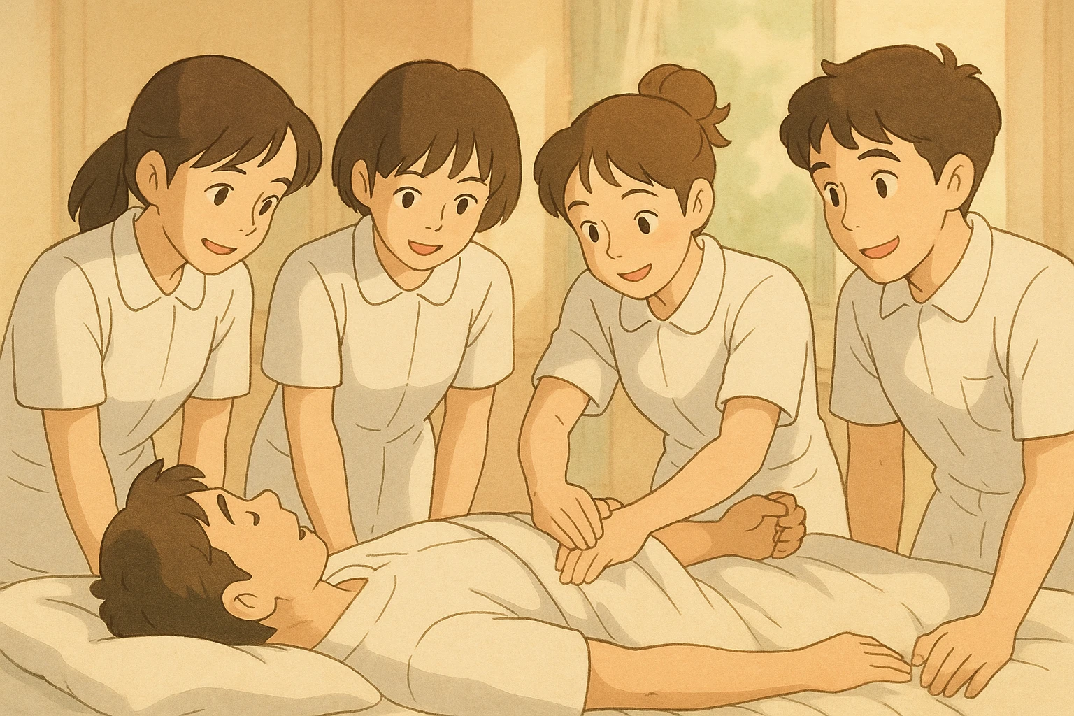 four nursing students wearing short-sleeved white coats, no stethoscope, working together on a practical exercise with a patient, warm atmosphere, ghibli style, soft background emoji