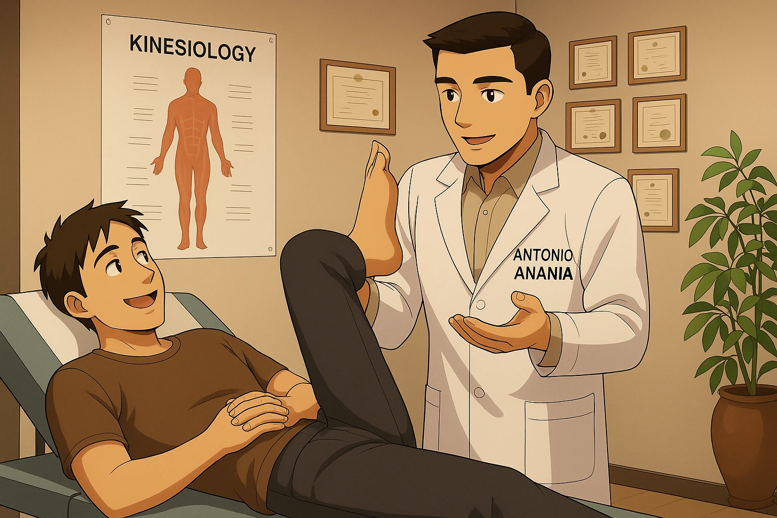 su questo lettino rappresenta un webtoon manga a colori con questo stile, in cui un uomo è steso sul lettino medico e il kinesiologo con il camice bianco (fagli anche la scritta "ANTONIO ANANIA" SUL CAMICE, gli solleva una gamba per fargli il test neuromuscolare, IL KINESIOLOGO SPIEGA ALL'UOMO UNA cosa mentre gli alza la gamba. l'espressione dell'uomo è felice e soddisfatta, non fare i fumetti però, fai solo in modo che sembri stiano parlando emoji