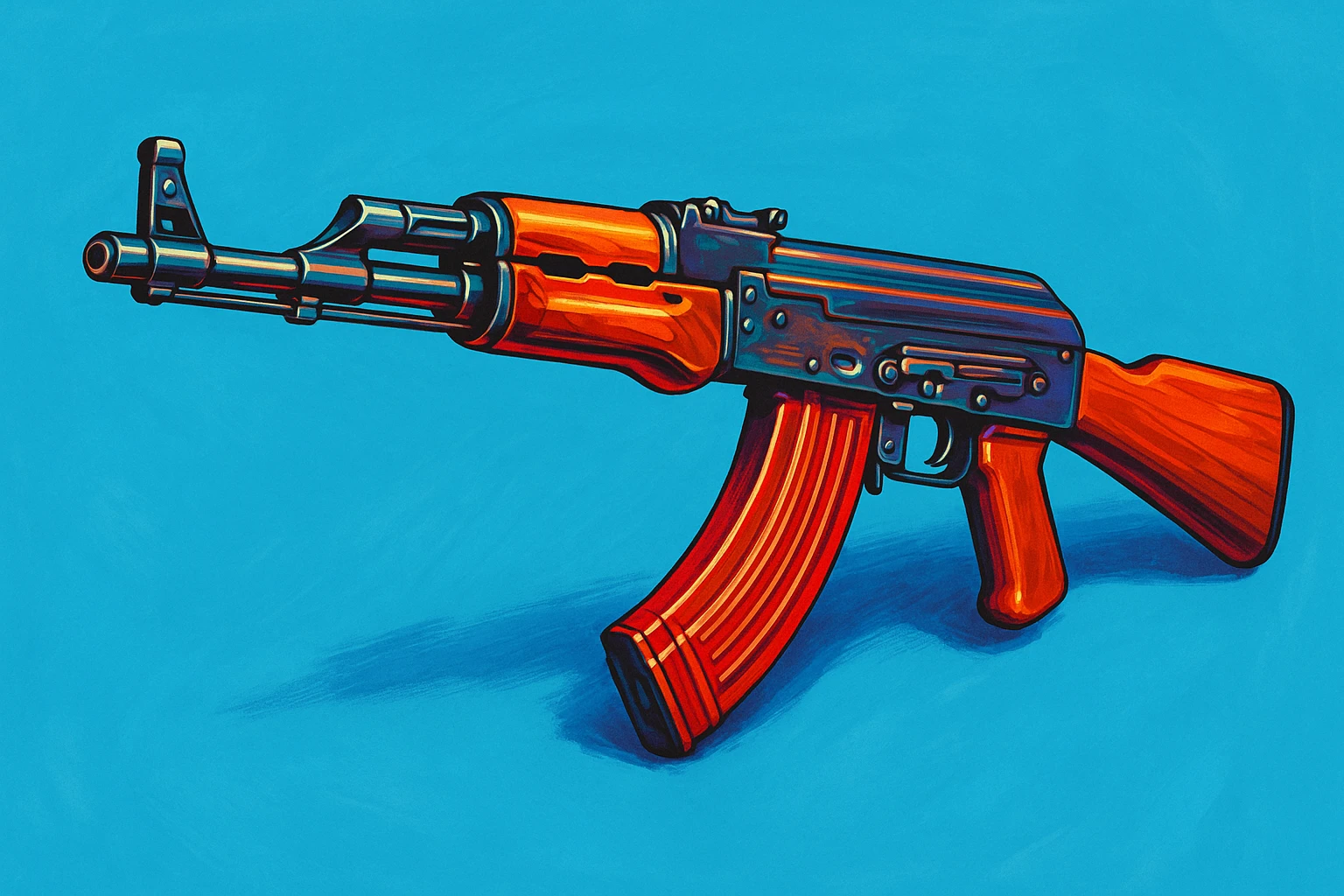 Сгенерируй мне АК 47 в чуть рисованном стиле, ярко объемно и красочно! на однородном фоне emoji