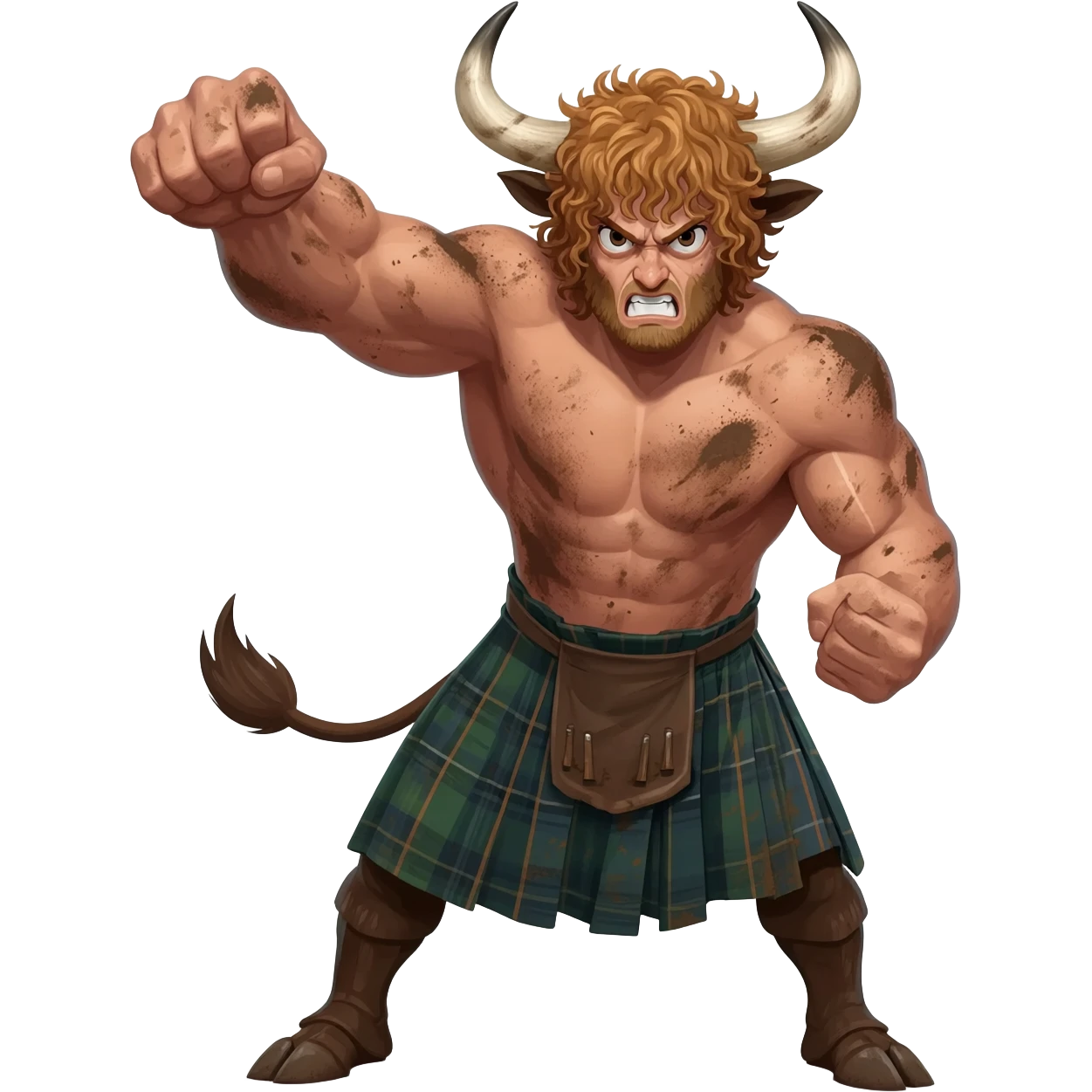 big buff curly hairy man covered in dirt with freckles with messy light brown bangs that covers his face completely with bull horns and bull ears and bull tail dressed in kilt punches with left hook front view furious expression emoji