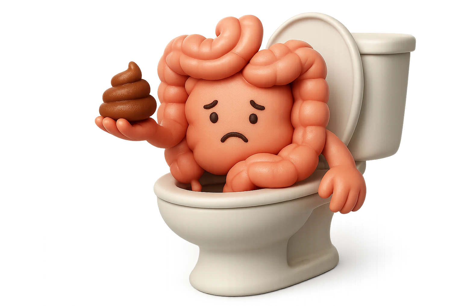 emoji stile iphone di un intestino realistico 3d che esce dal wc con in mano una montagnetta di feci con espressione triste a palline, iperrealistico 4k emoji