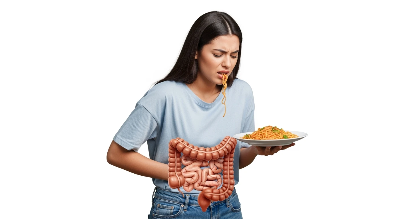 DONNA CHE TIENE UN PIATTO DI PASTA IN MANO MANGIATO PER METà, HA MAL DI PANCIA E INTESTINO UMANO ANATOMICO REALISTICO IN EVIDENZA, iperrealistico 4k, ISOLATA SU SFONDO BIANCO emoji