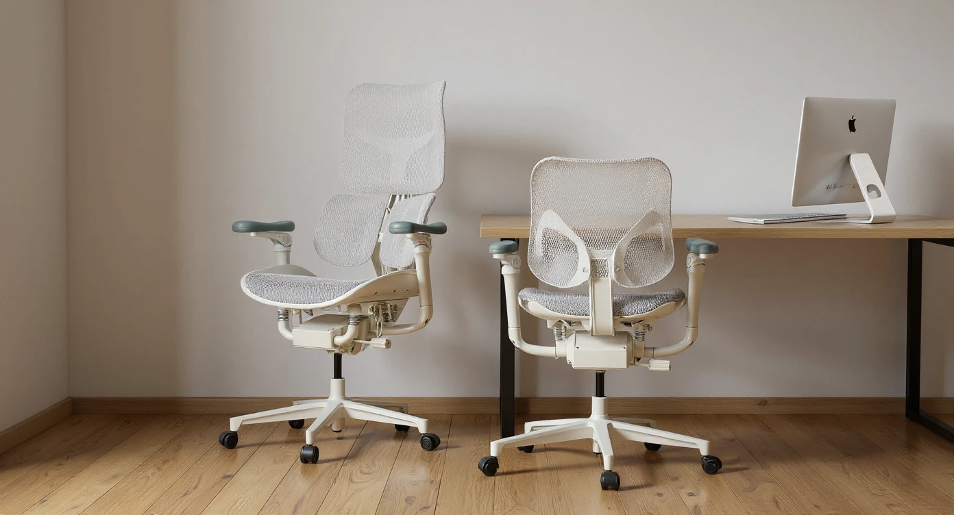 Editorial shot, Make this chair next to desk with mac setup, wooden modern floor, minimalistic room, contrast chair to wall, chair standing front to camera emoji