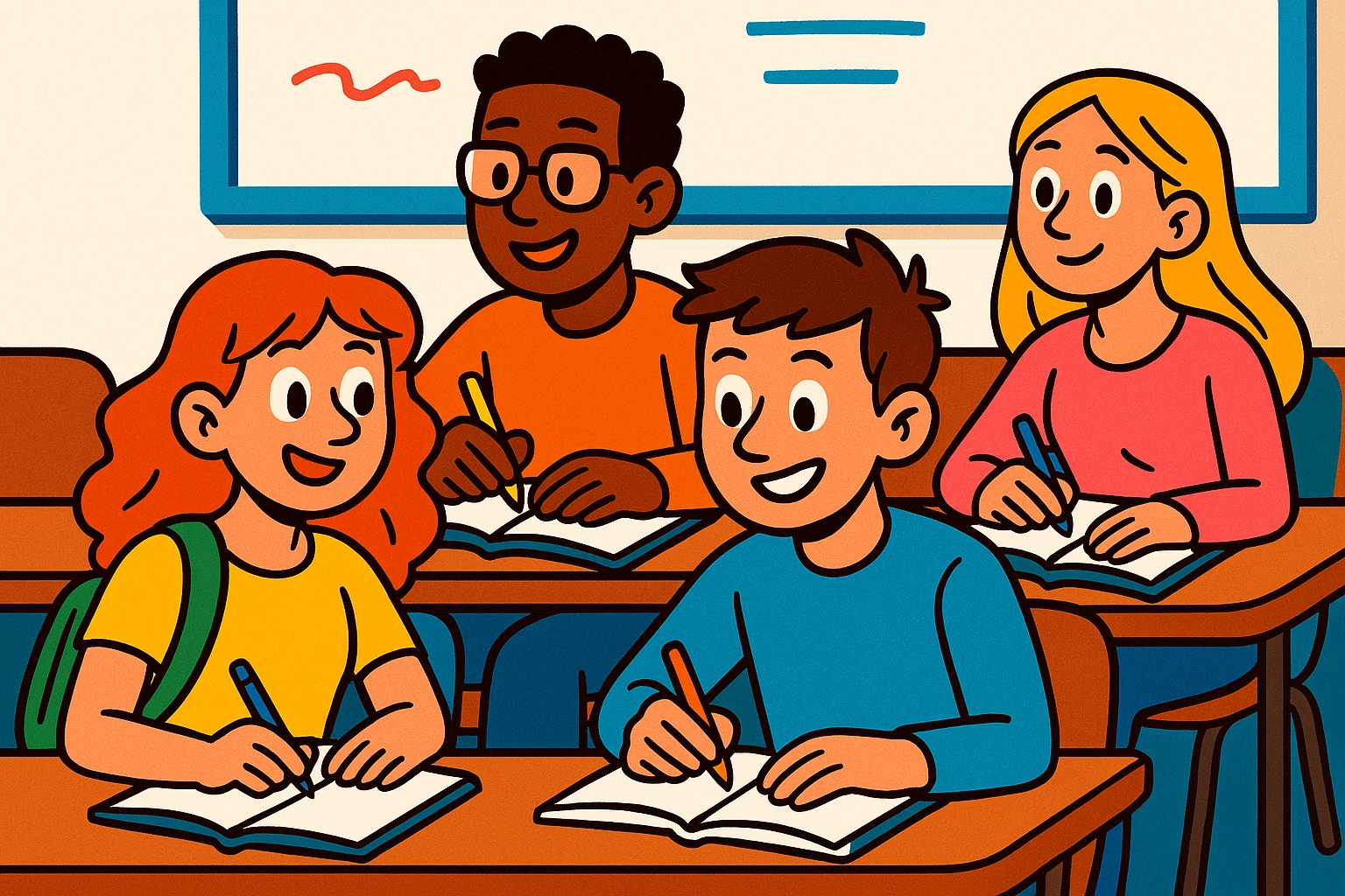 group of four students, two boys and two girls, taking notes during a university class, colorful cartoon style, whiteboard background emoji