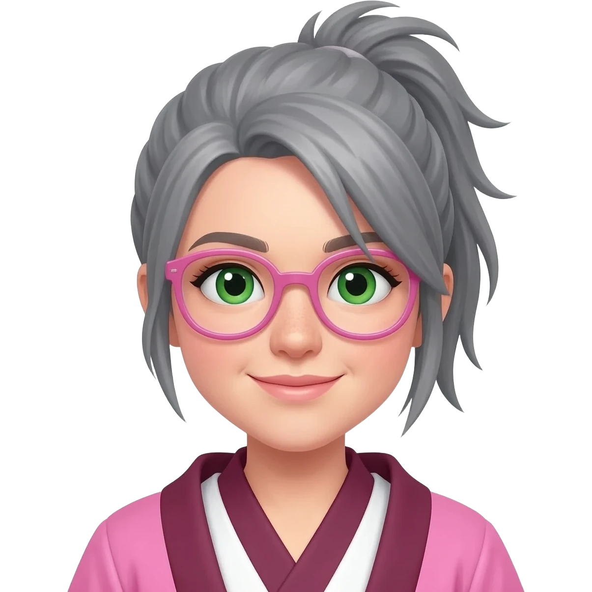 MUJER JOVEN, MEDIA MELENA, PELO GRIS, MOÑO INFORMAL DESPEINADO, GAFAS ROSAS OJOS VERDES, BATA CUATROS ROSA/GRANATE/BLANCO emoji