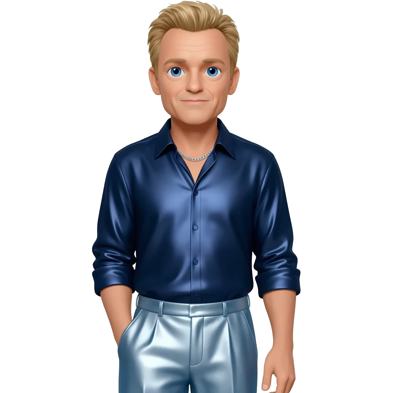 Jeff Daniels with blue eyes, sandy blonde hair, dark blue metallic shirt, light steel blue metallic baggy pants, silver necklace emoji