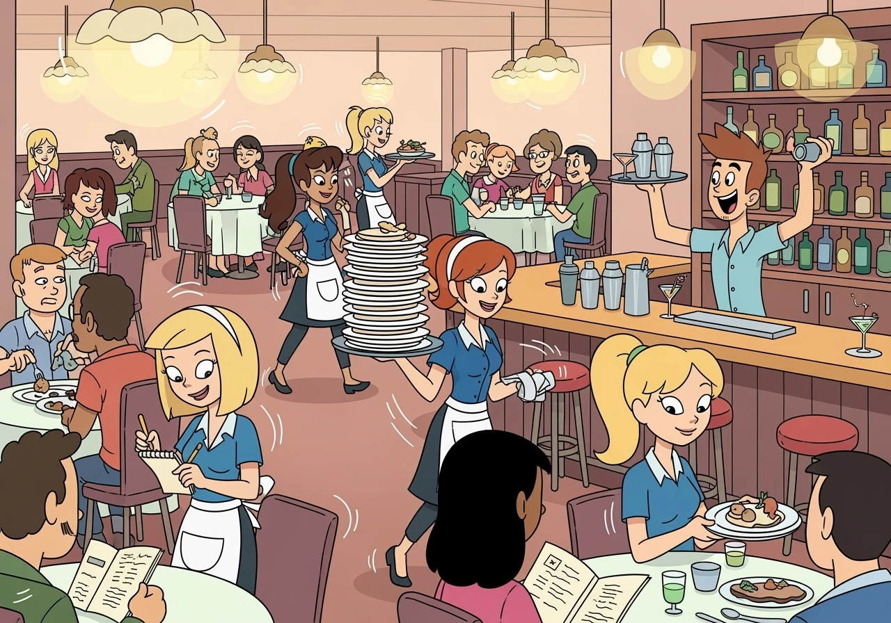 Illustration d'un restaurant avec des clients à table, des serveuses qui prennent les commandes et qui amènent les plats. Un barman sert des cocktails. Ambiance chaleureuse. Style cartoon années 2000. emoji
