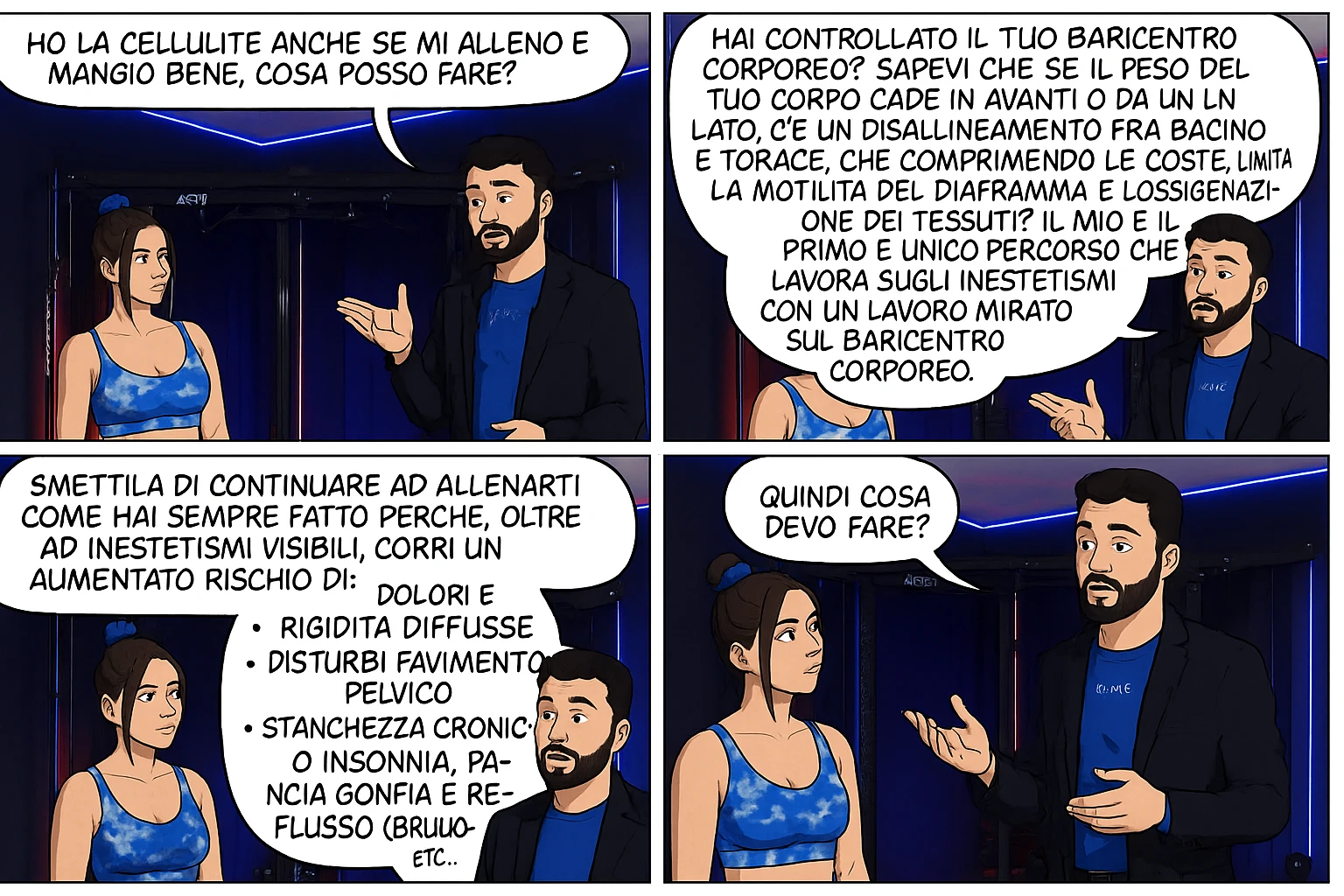 TRASFORMA QUESTO CAROSELLO IN UN FUMETTO CON QUESTE DUE PERSONE IDENTICHE CHE INTERLOQUISCONO TRA LORO:

Ho la cellulite anche se mi alleno e mangio bene, cosa posso fare?

Hai controllato il tuo baricentro corporeo?
Sapevi che se il peso del tuo corpo cade in avanti o da un lato, c’è un disallineamento fra bacino e torace, che comprimendo le coste, limita la motilità del diaframma e l’ossigenazione dei tessuti?
Il mio è il primo e unico percorso che lavora sugli inestetismi con un lavoro mirato sul baricentro corporeo.

Smettila di continuare ad allenarti come hai sempre fatto perché, oltre ad inestetismi visibili, corri un aumentato rischio di:
    • dolori e rigidità diffuse
    • disturbi pavimento pelvico
    • stanchezza cronica o insonnia
    • pancia gonfia e reflusso (bruciore)
    • etc…


Quindi cosa devo fare?
Commenta, qua sotto, con “simmetria” e ti mando un esempio del lavoro da fare. Lo stesso sistema con cui ho aiutato migliaia di persone, fra cui centinaia di donne a risolvere definitivamente gli inestetismi.
Metterei il prima e dopo

Se vuoi che ti aiuti personalmente
SCRIVIMI IN DIRECT emoji